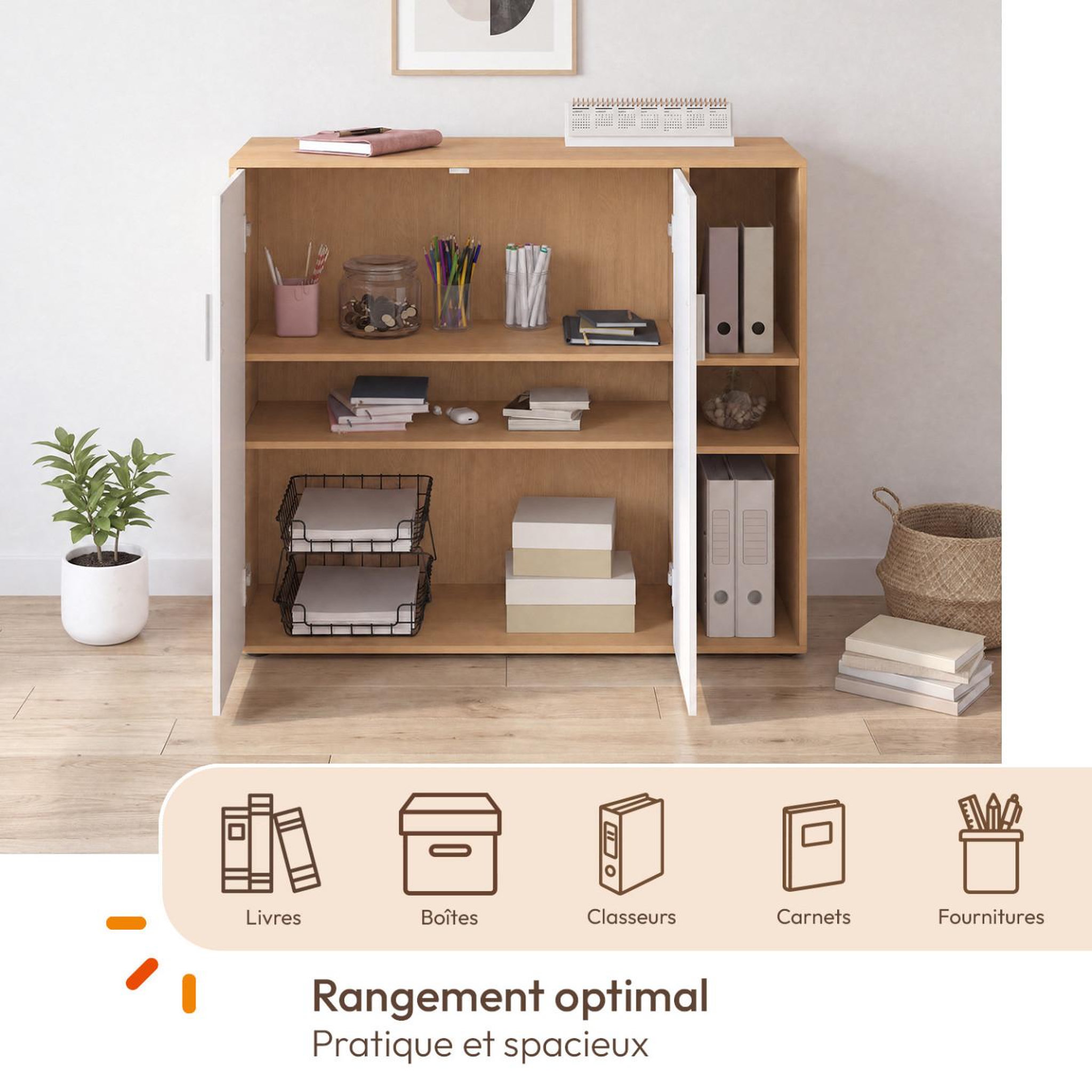 Voir la diapositive 5 : ID MARKET Armoire basse de bureau MARIA 2 portes et étagères bois et blanc
