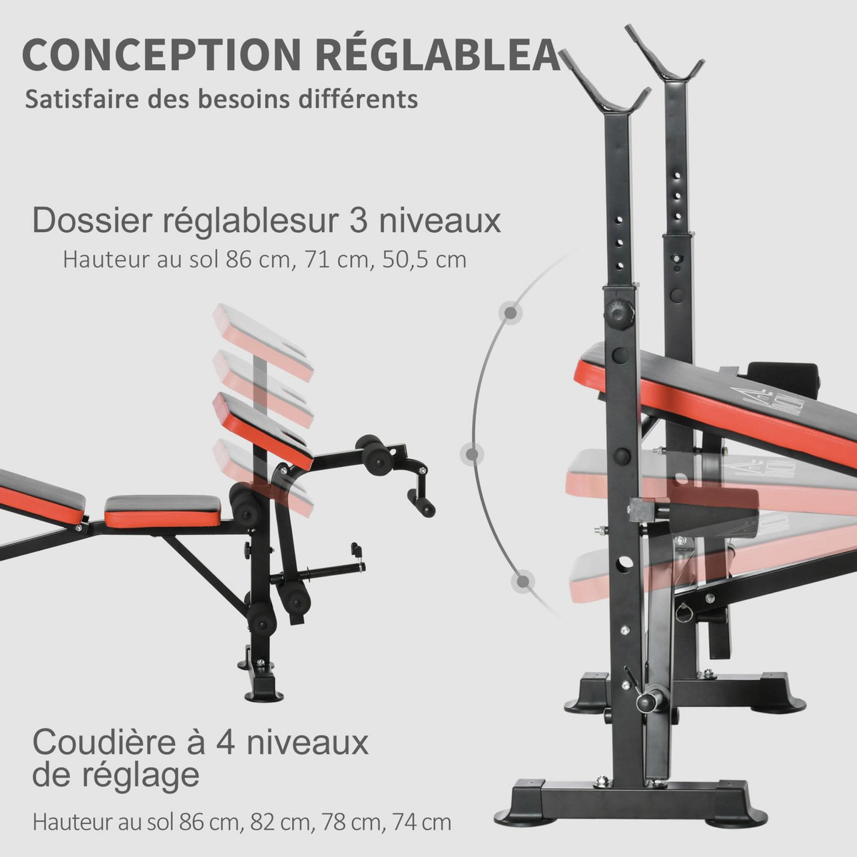 HOMCOM Banc de musculation Fitness entrainement complet avec support d'haltères dossier réglable acier noir rouge