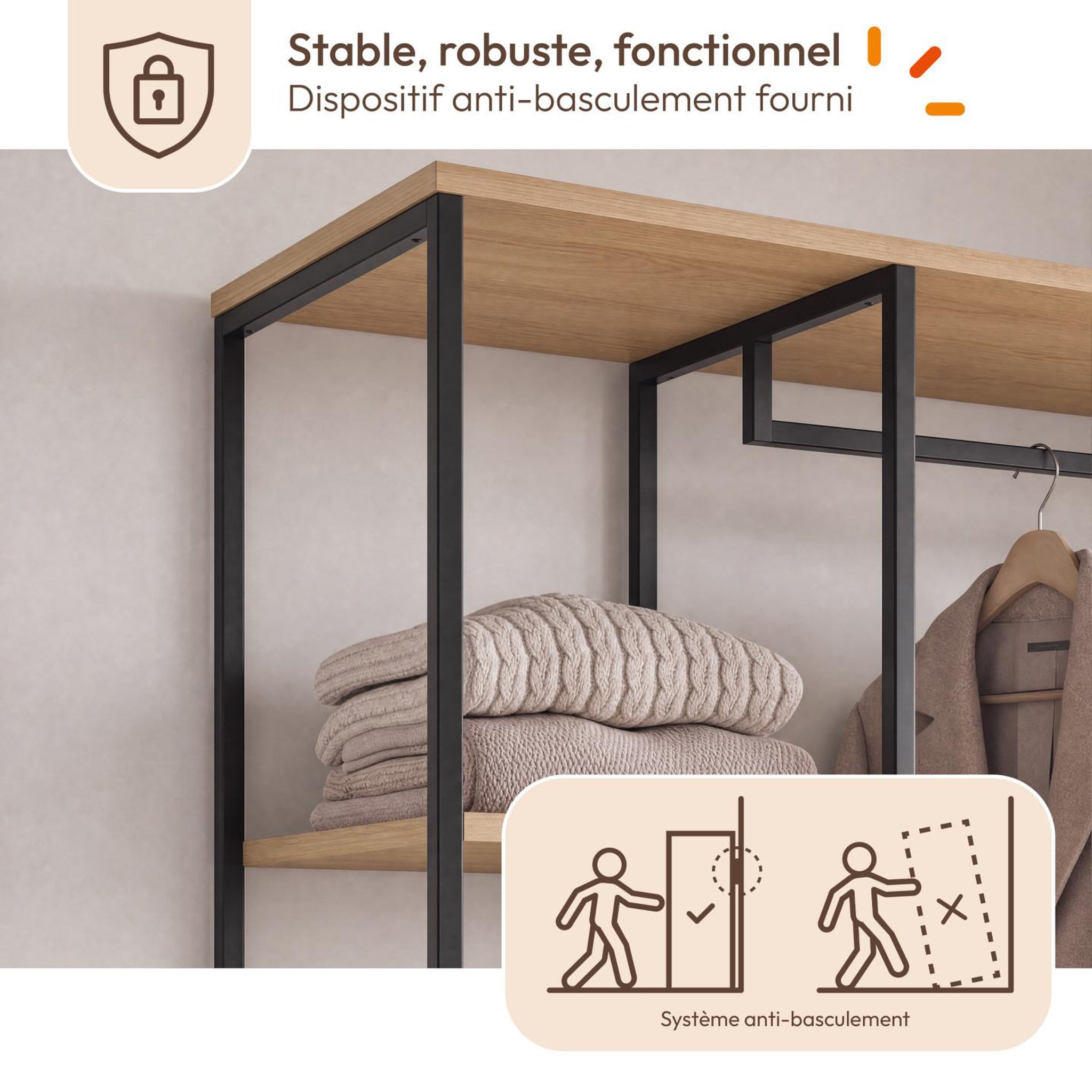 Voir la diapositive 5 : ID MARKET Dressing modulable double penderie étagères et 2 tiroirs detroit design industriel