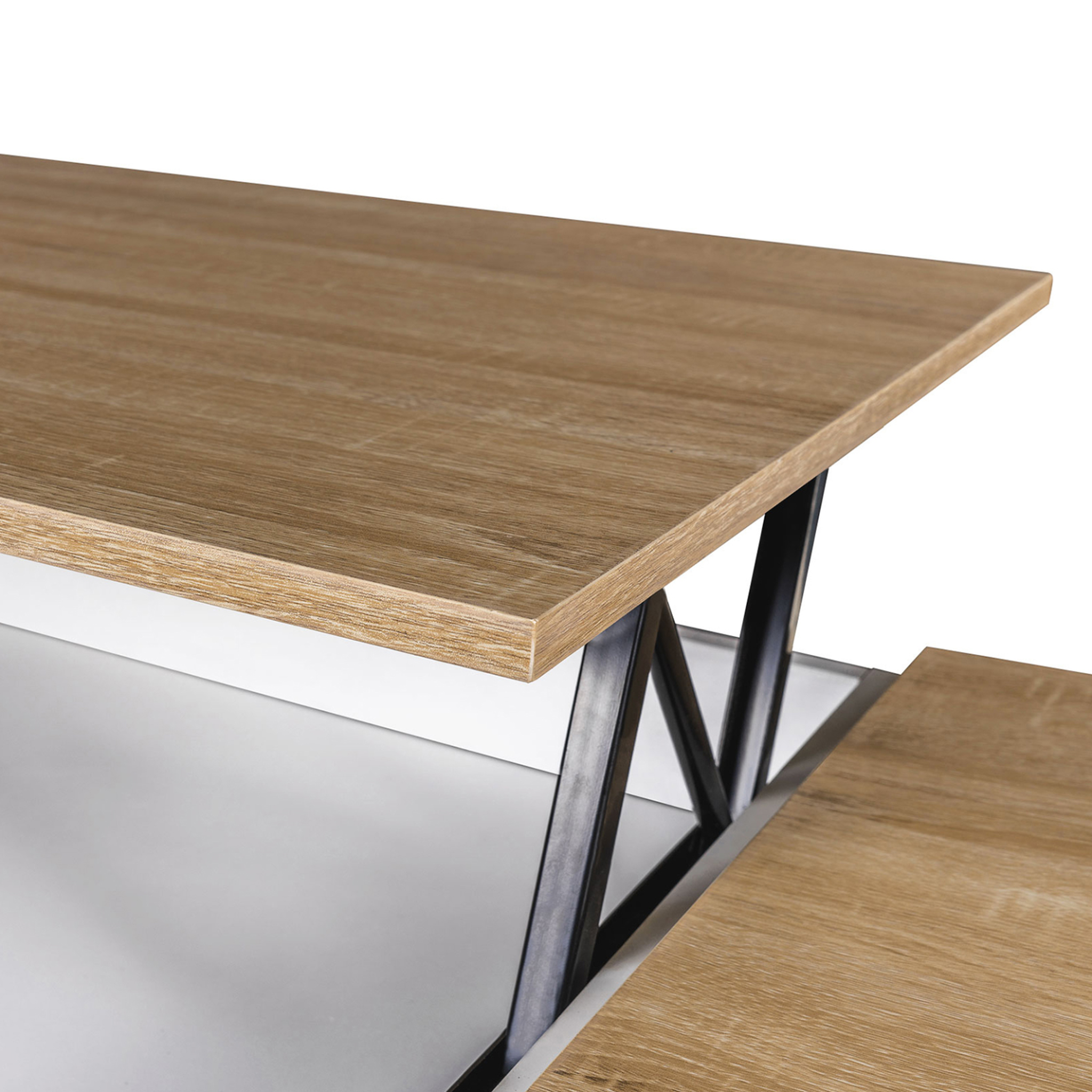 Voir la diapositive 5 : ID MARKET Table basse plateau relevable rectangulaire elea avec coffre bois blanc et façon hêtre