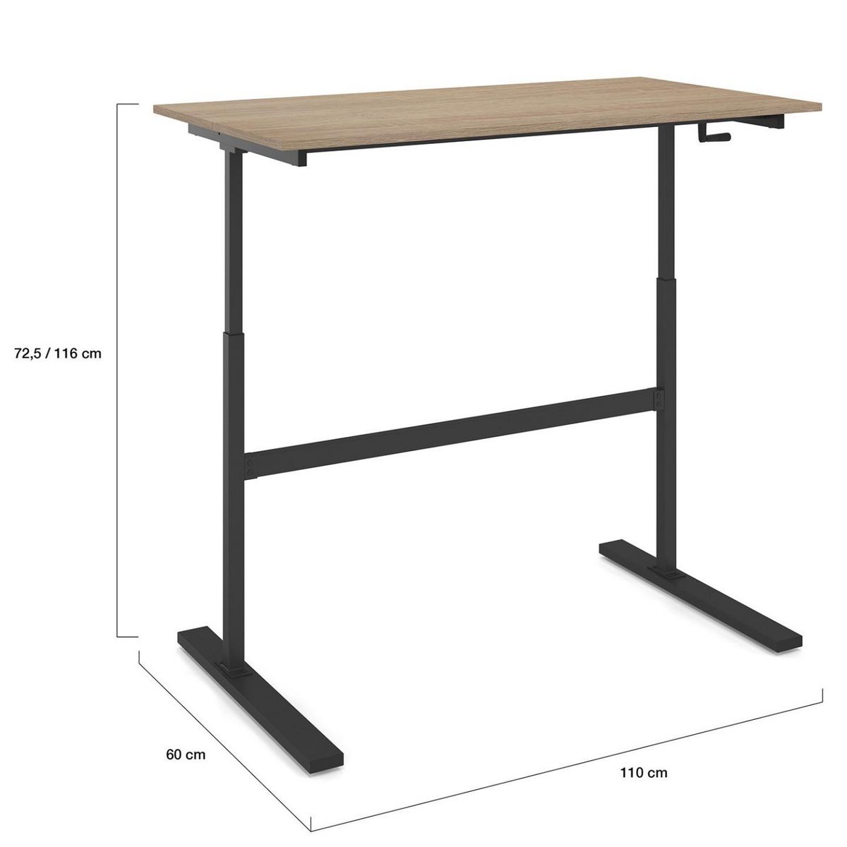 ID MARKET Bureau droit JEANNE assis debout à manivelle hauteur réglable 70 - 120 cm bois façon hêtre et noir