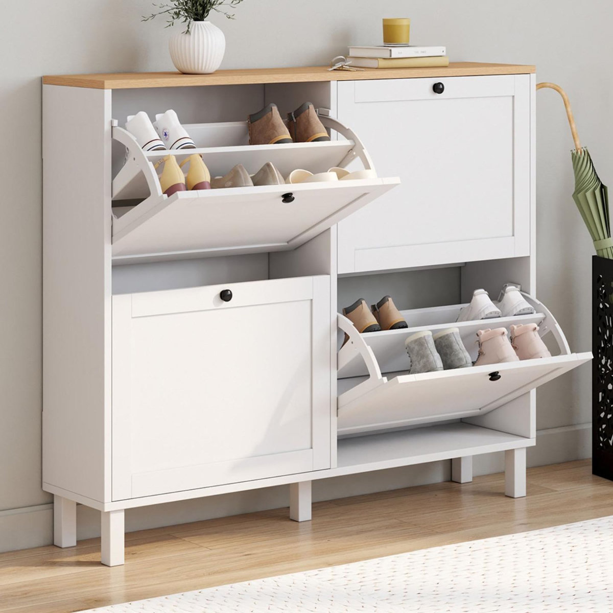 ID MARKET Meuble à chaussures 20 paires ACHILLE 4 portes blanc et plateau bois