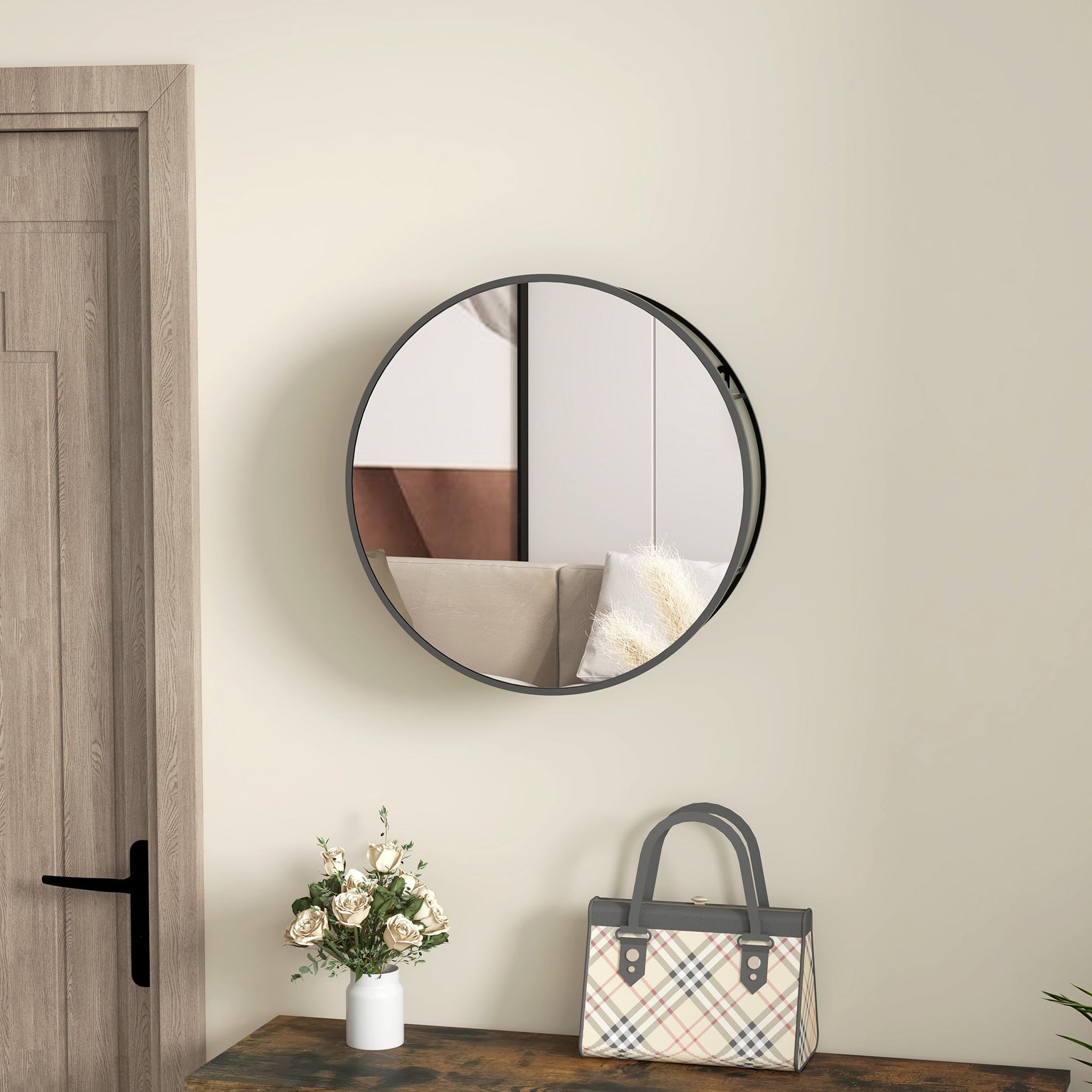 Voir la diapositive 5 : HOMCOM Miroir mural rond dia. 50 cm - 2 étagères - cadre métal noir