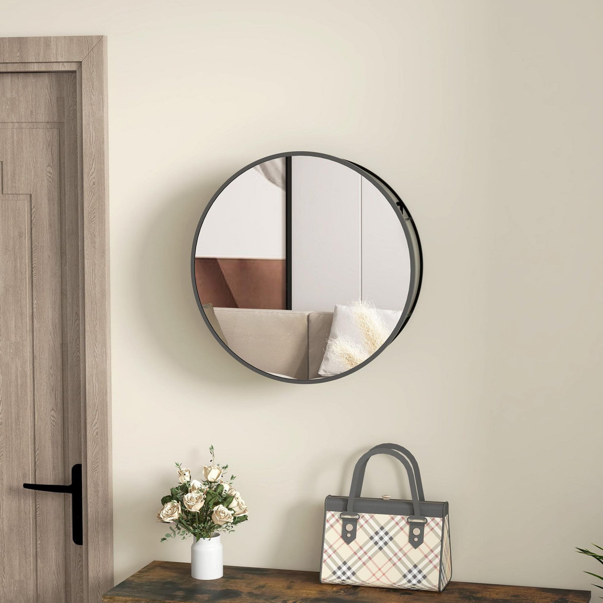HOMCOM Miroir mural rond dia. 50 cm - 2 étagères - cadre métal noir