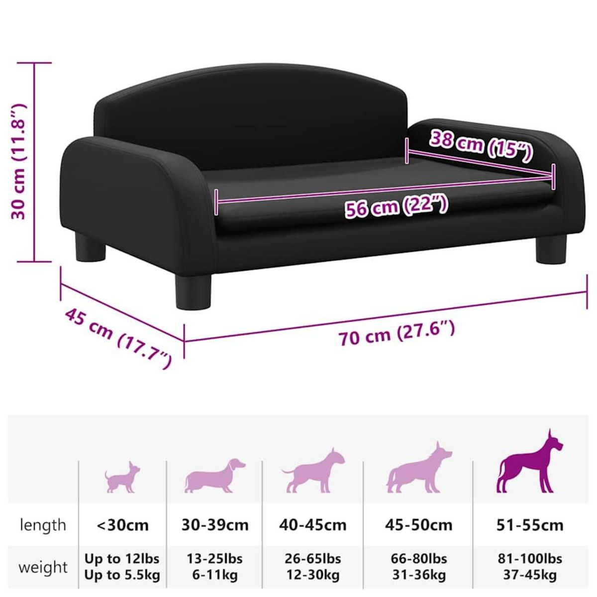 VIDAXL Lit pour chien noir 70x45x30 cm similicuir