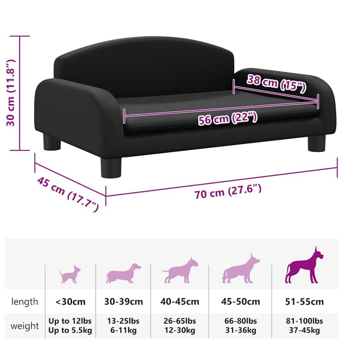 VIDAXL Lit pour chien noir 70x45x30 cm similicuir