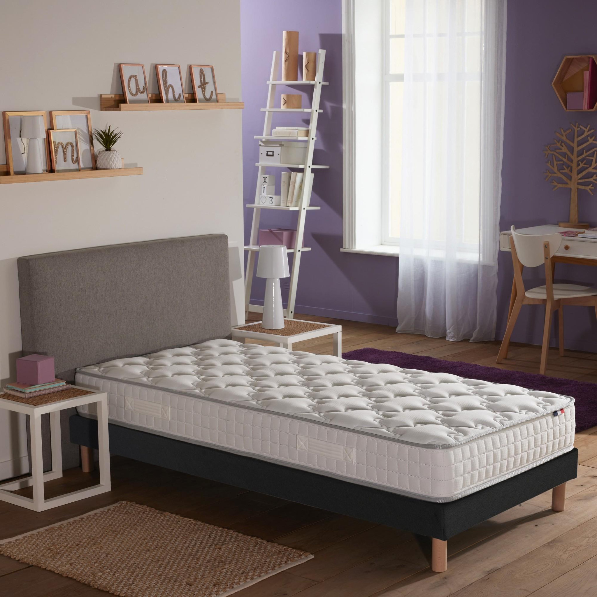 Voir la diapositive 2 : IDLITERIE Ensemble matelas ressorts ensachés spectre + sommier tapissier 90 x 200 cm sommier noir