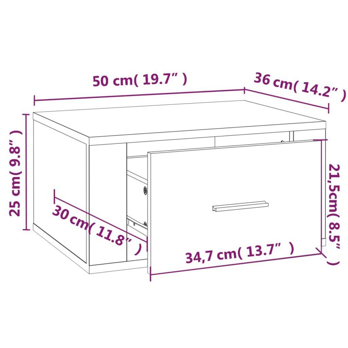 VIDAXL Table de chevet murale Blanc brillant 50x36x25 cm