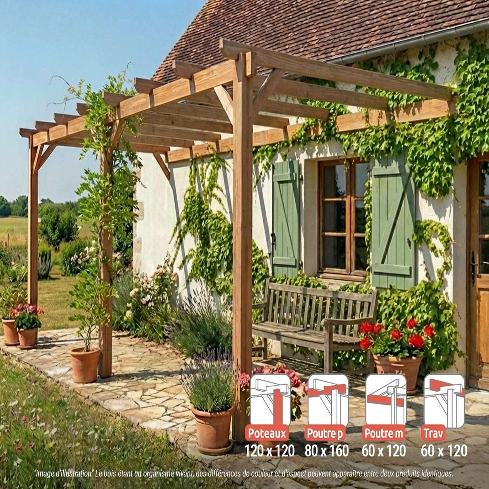 JARDIDECO Pergola adossée en lamellé-collé versailles 600 x 400 cm - maderland