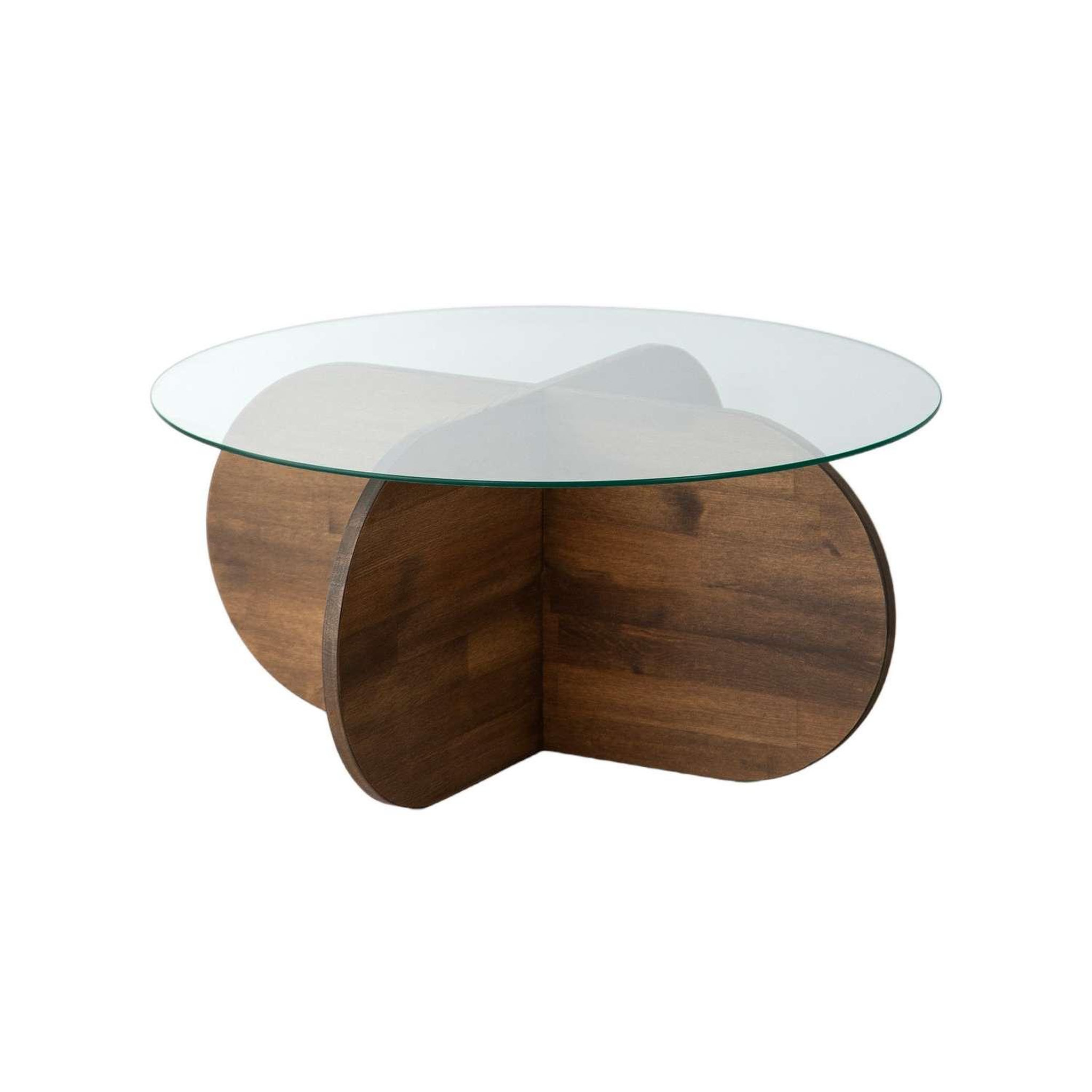 TOILINUX Table basse ronde luminix en verre et bois massif - marron foncé