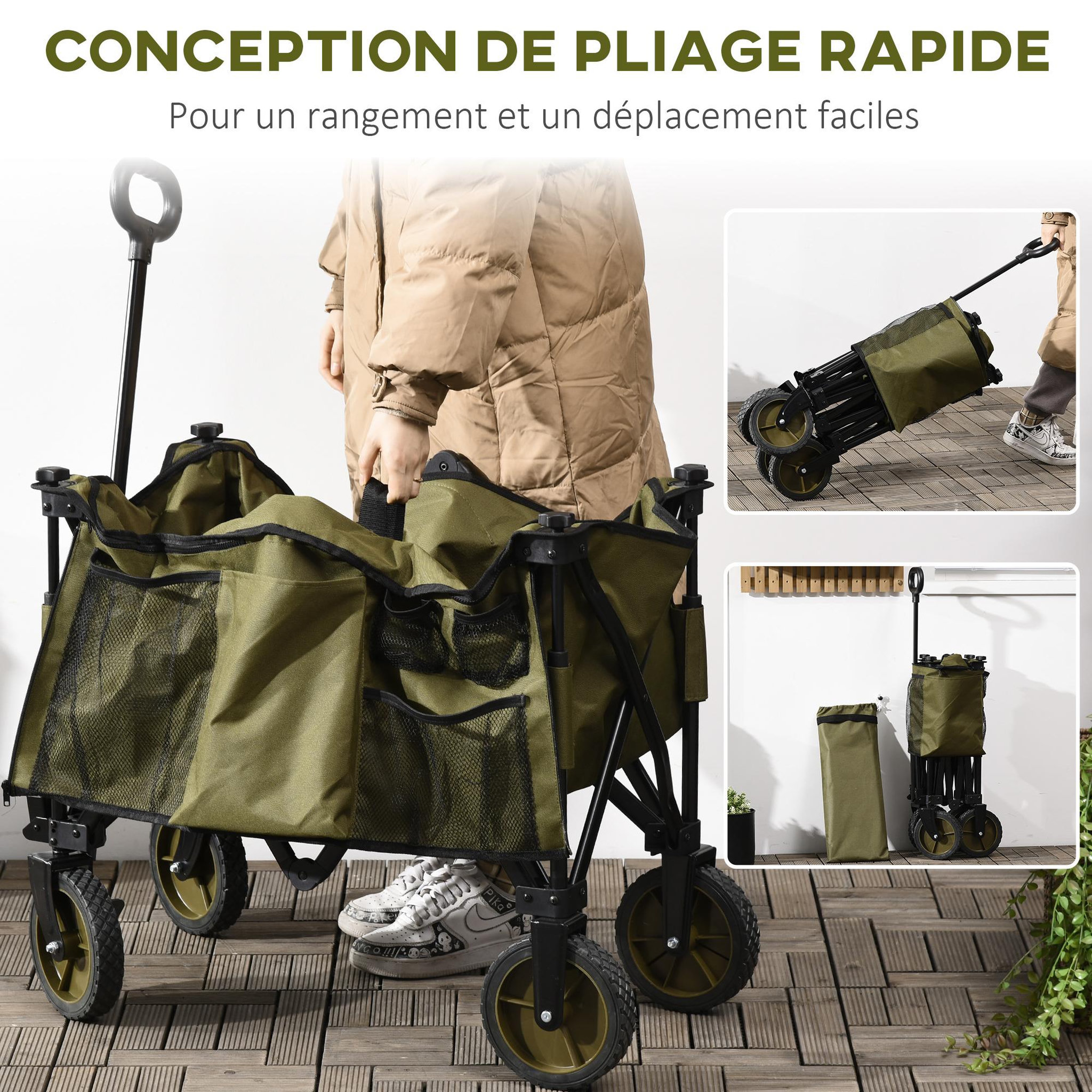 Voir la diapositive 5 : OUTSUNNY Chariot de jardin pliable 4 roues - bâche amovible, poignée télescopique réglable, 5 pochettes rangement - acier polyester kaki
