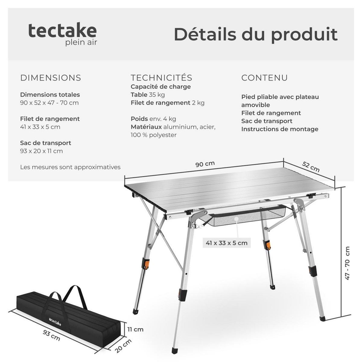 tectake Table de camping pliable argent