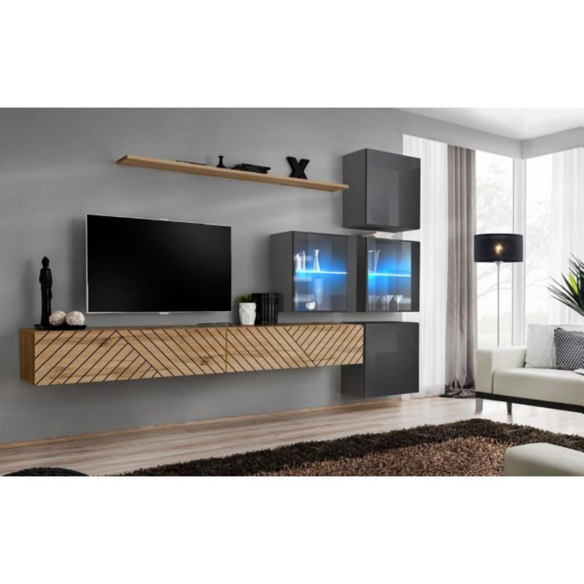 Paris Prix Ensemble Meuble TV  Switch Lamel XIX  310cm Naturel & Gris