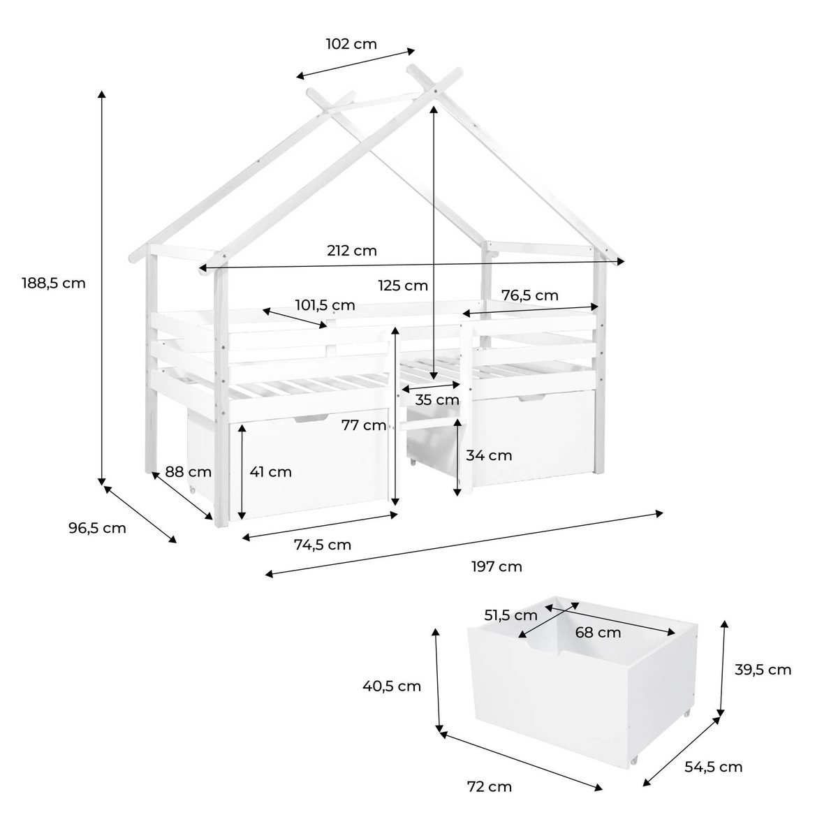 SWEEEK Lit enfant 90 x 190 cm bois de pin blanc sommier à lattes inclus et 2 tiroirs - Sienna