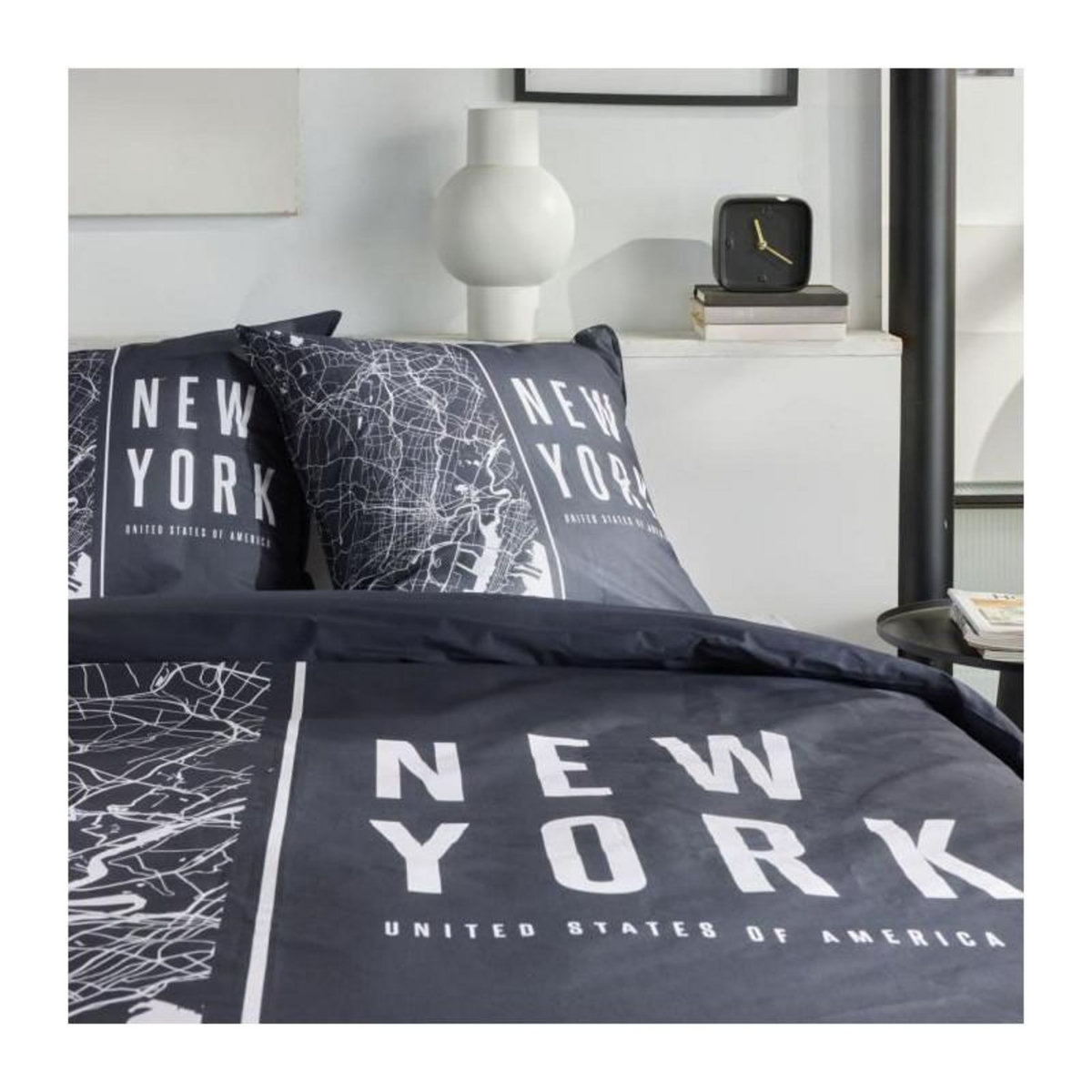 Today Parure de lit - TODAY - JAVA - 2 personnes - 240x220 cm - Coton - Imprimé New York - Noir