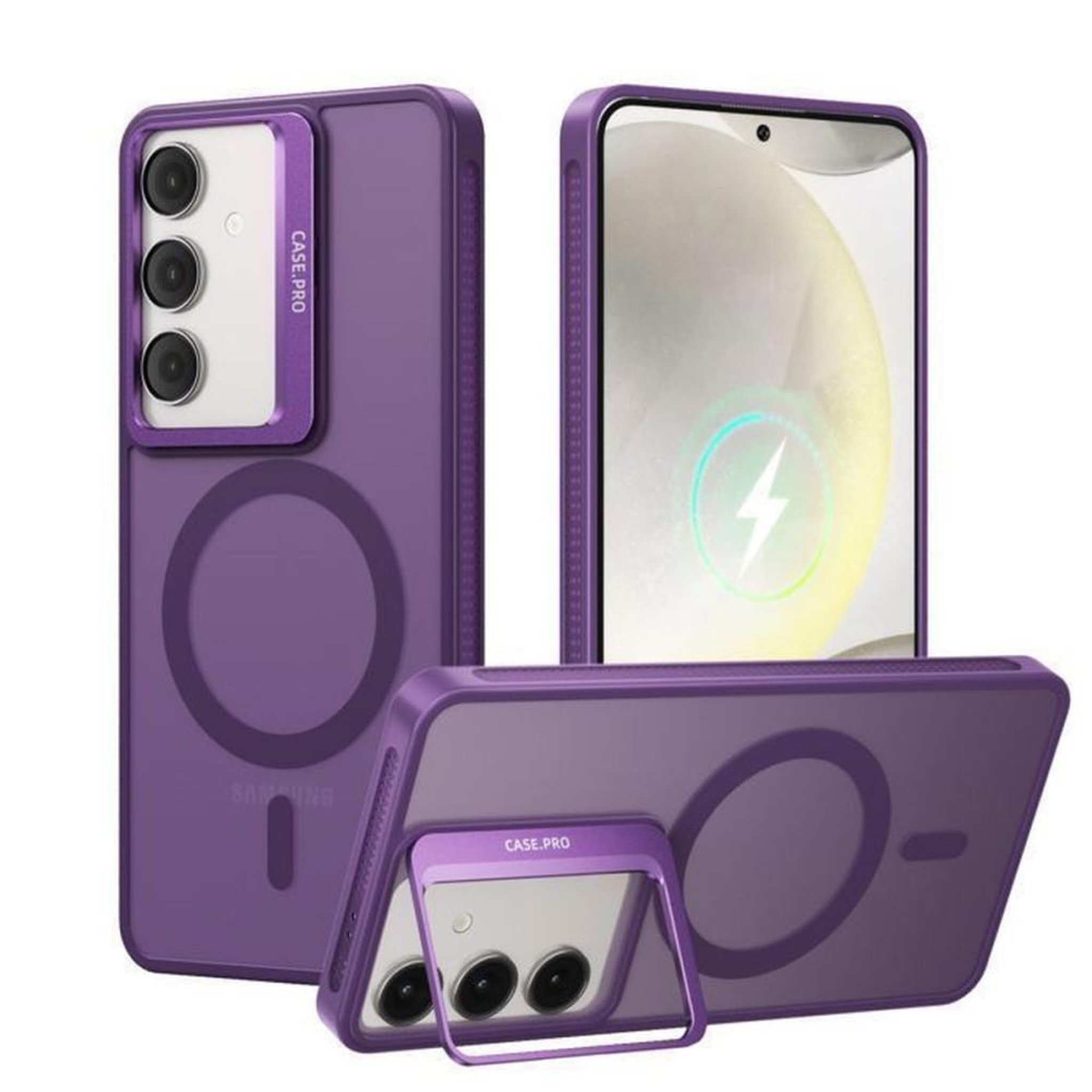 Coque violette avec protection en verre trempé pour Samsung Galaxy S24+ et support à anneau rotatif