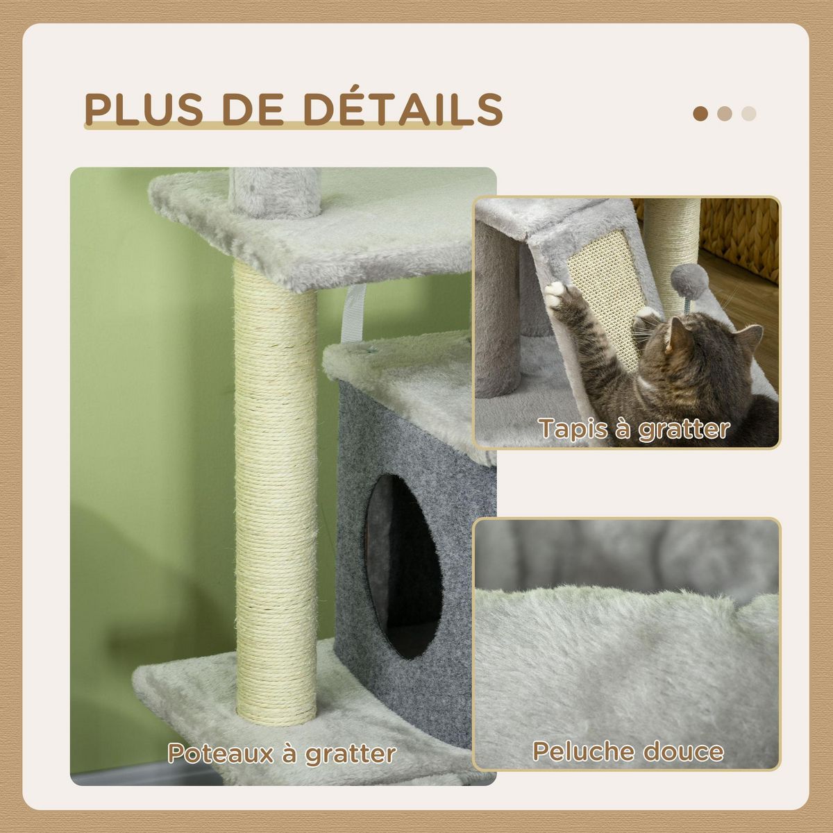 PAWHUT Arbre à chat multi-équipement griffoirs grattoirs plateformes niche panier jeu boules gris