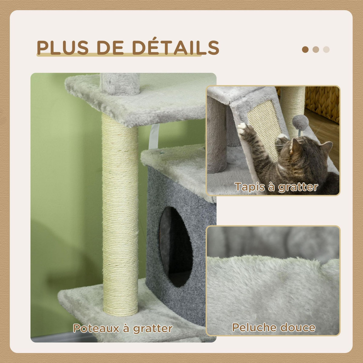 PAWHUT Arbre à chat multi-équipement griffoirs grattoirs plateformes niche panier jeu boules gris