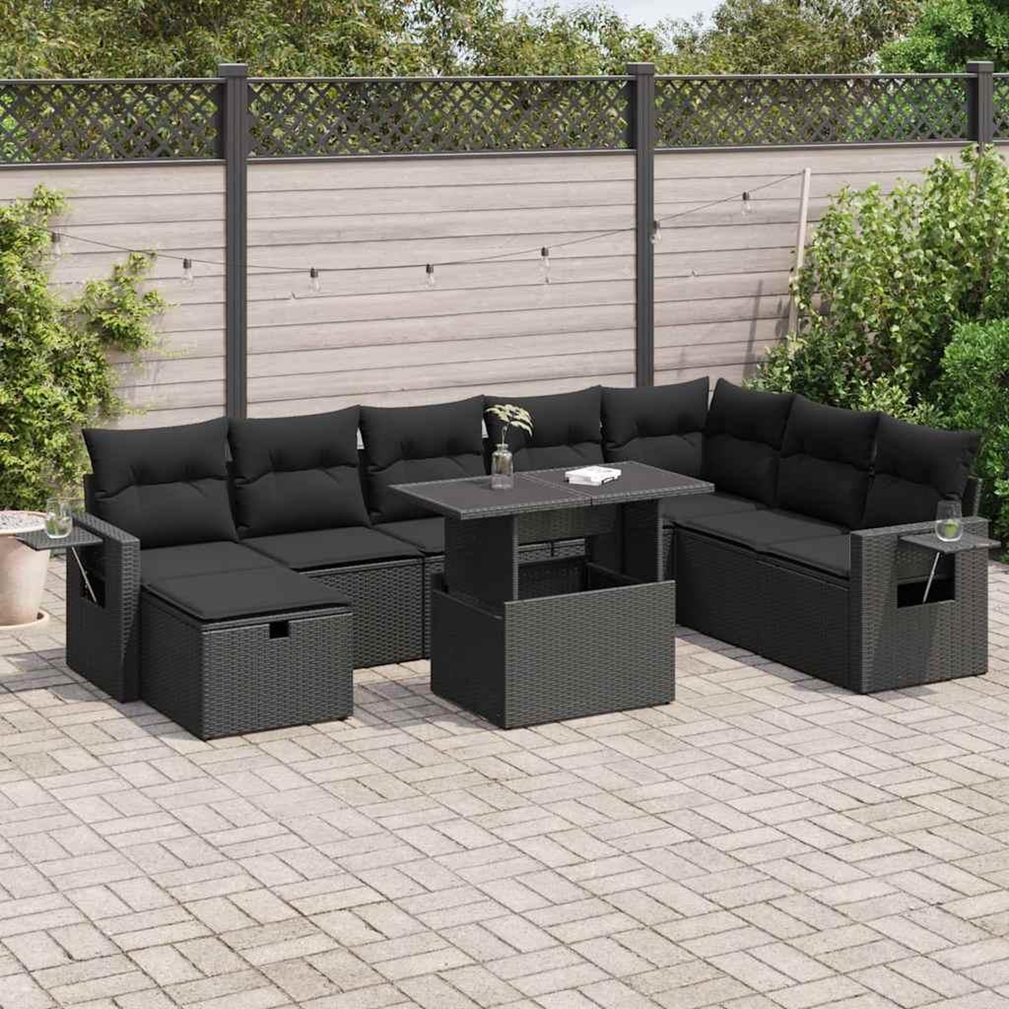 VIDAXL Salon de jardin 9 pcs avec coussins noir resine tressee