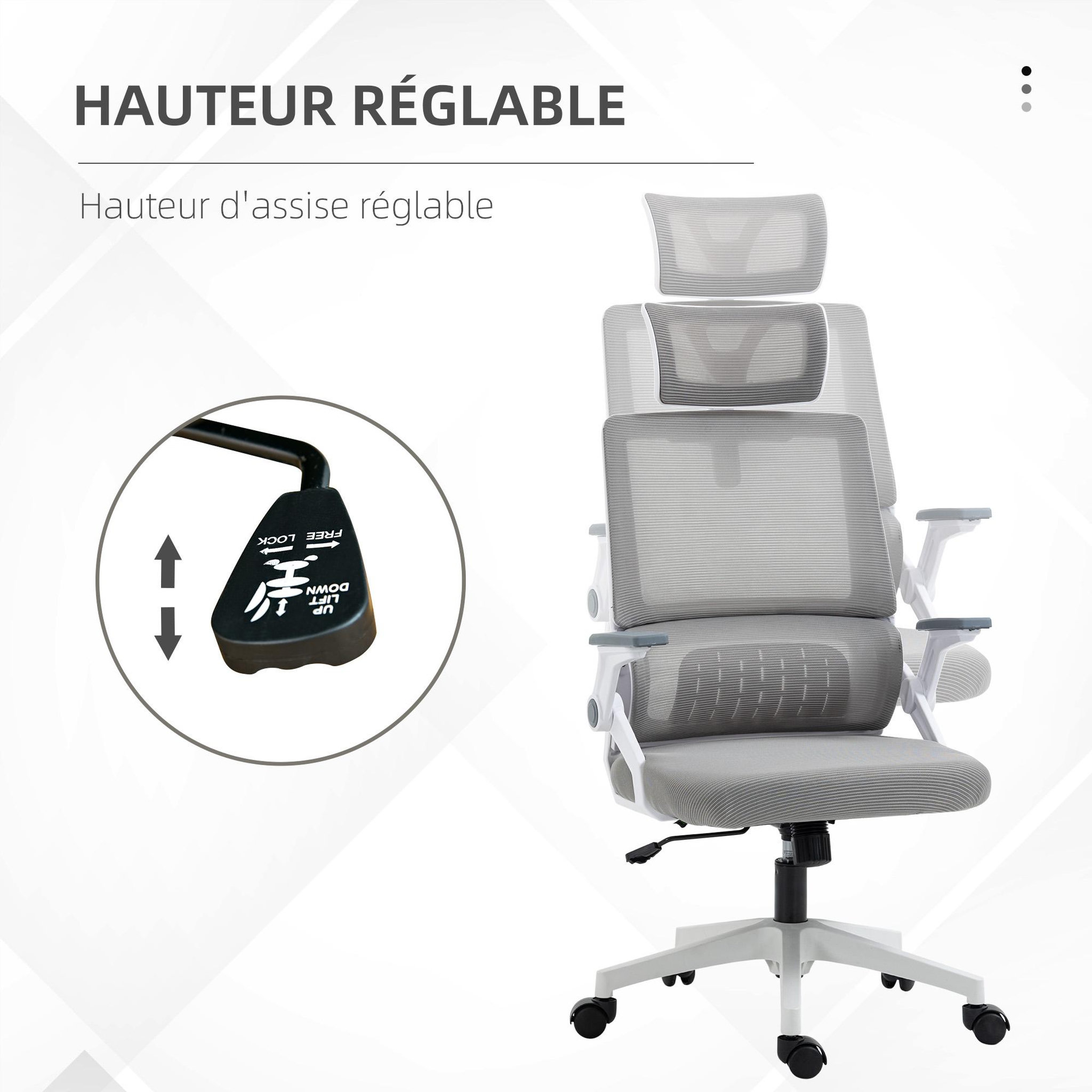 Voir la diapositive 4 : VINSETTO Chaise de bureau ergonomique réglable inclinable pivotante maille polyester gris