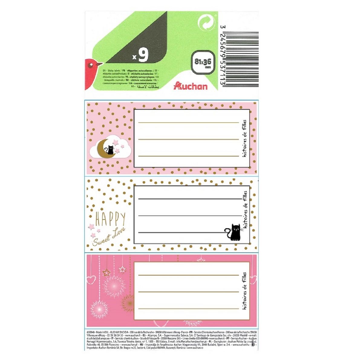 AUCHAN  Lot de 9 étiquettes scolaires adhésives 81x36mm fantaisie Histoires de filles Sweet Love