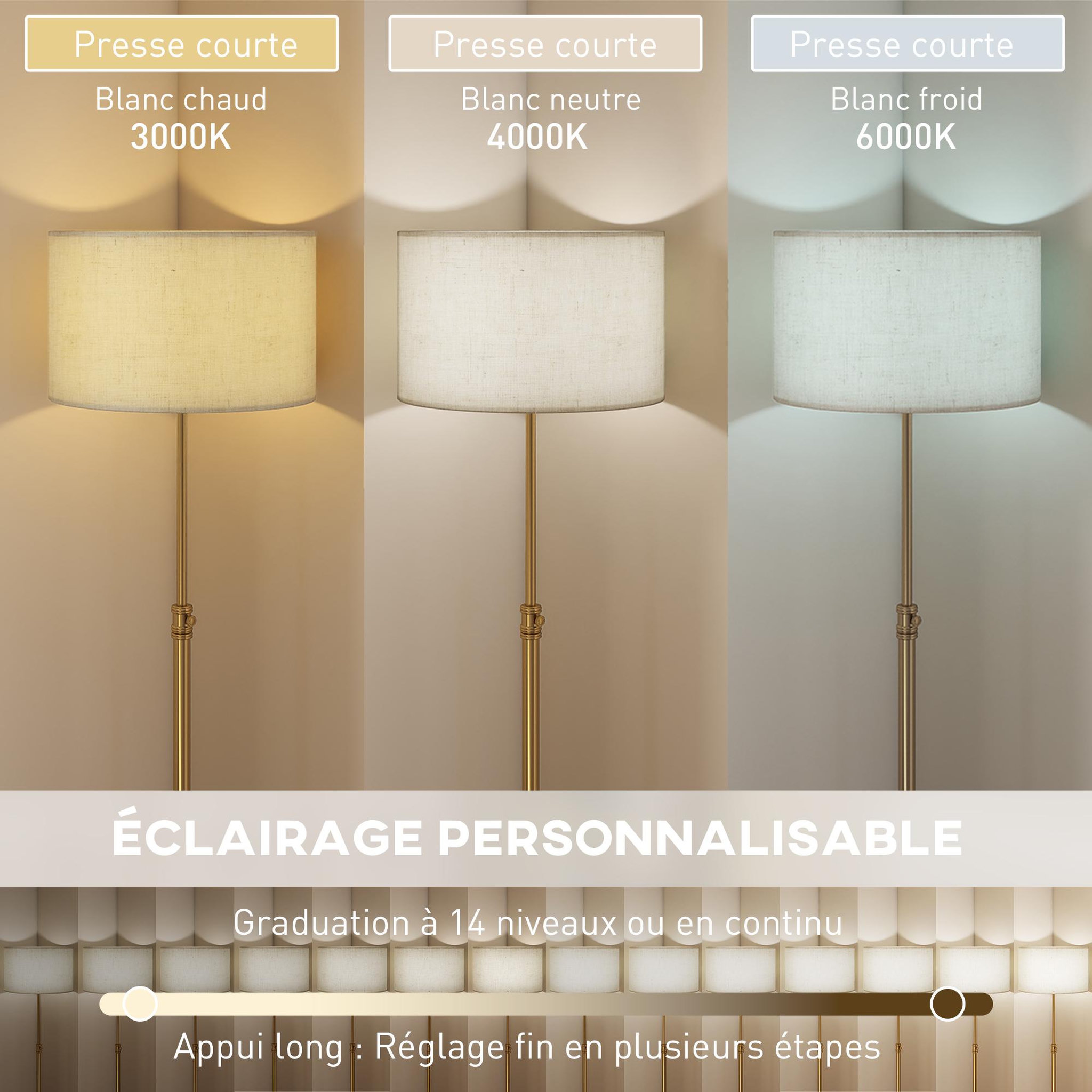 Voir la diapositive 5 : HOMCOM Lampadaire style néo-rétro métal doré abat jour lin beige h.133-168 cm réglable avec télécommande