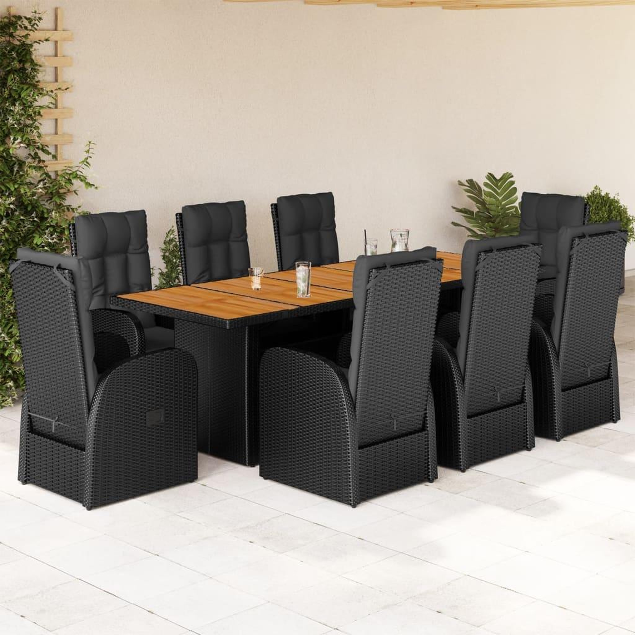 VIDAXL Ensemble a manger de jardin 9pcs coussins noir resine tressee