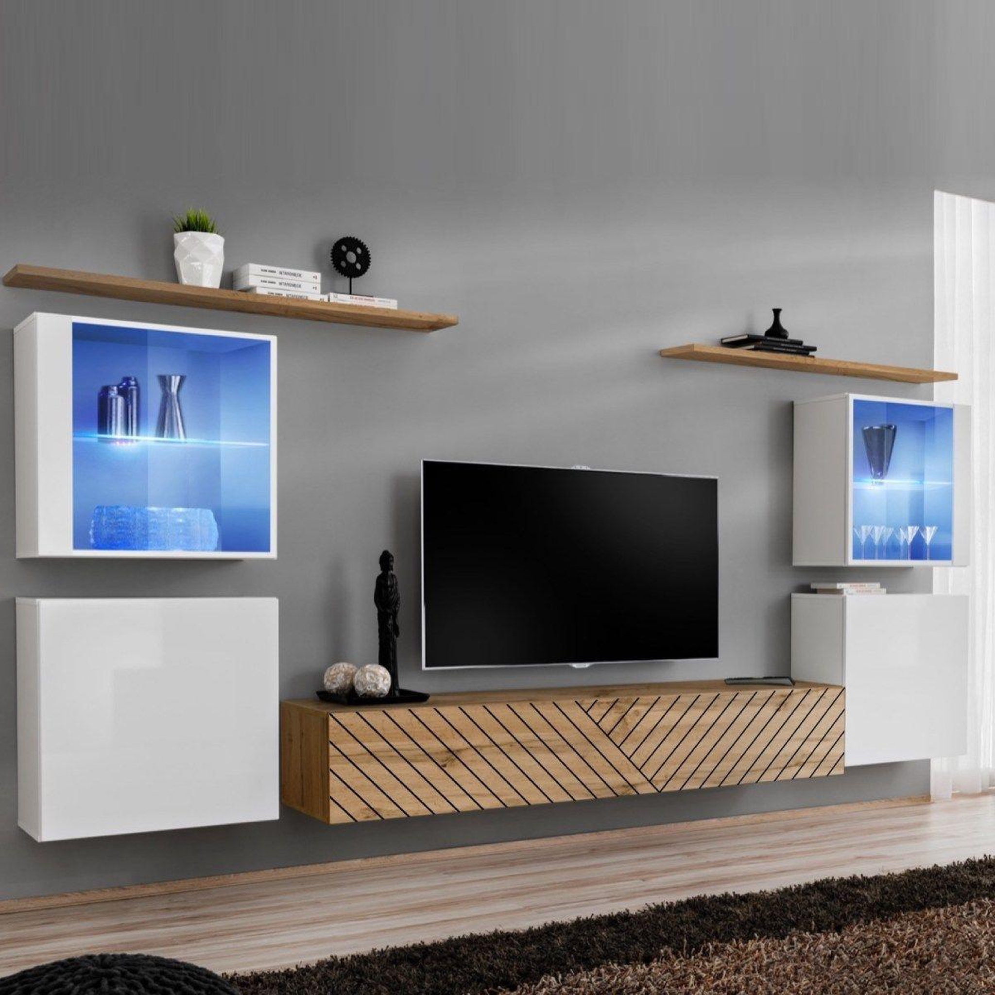 Paris Prix Ensemble meuble tv  switch lamel xiv  320cm naturel & blanc