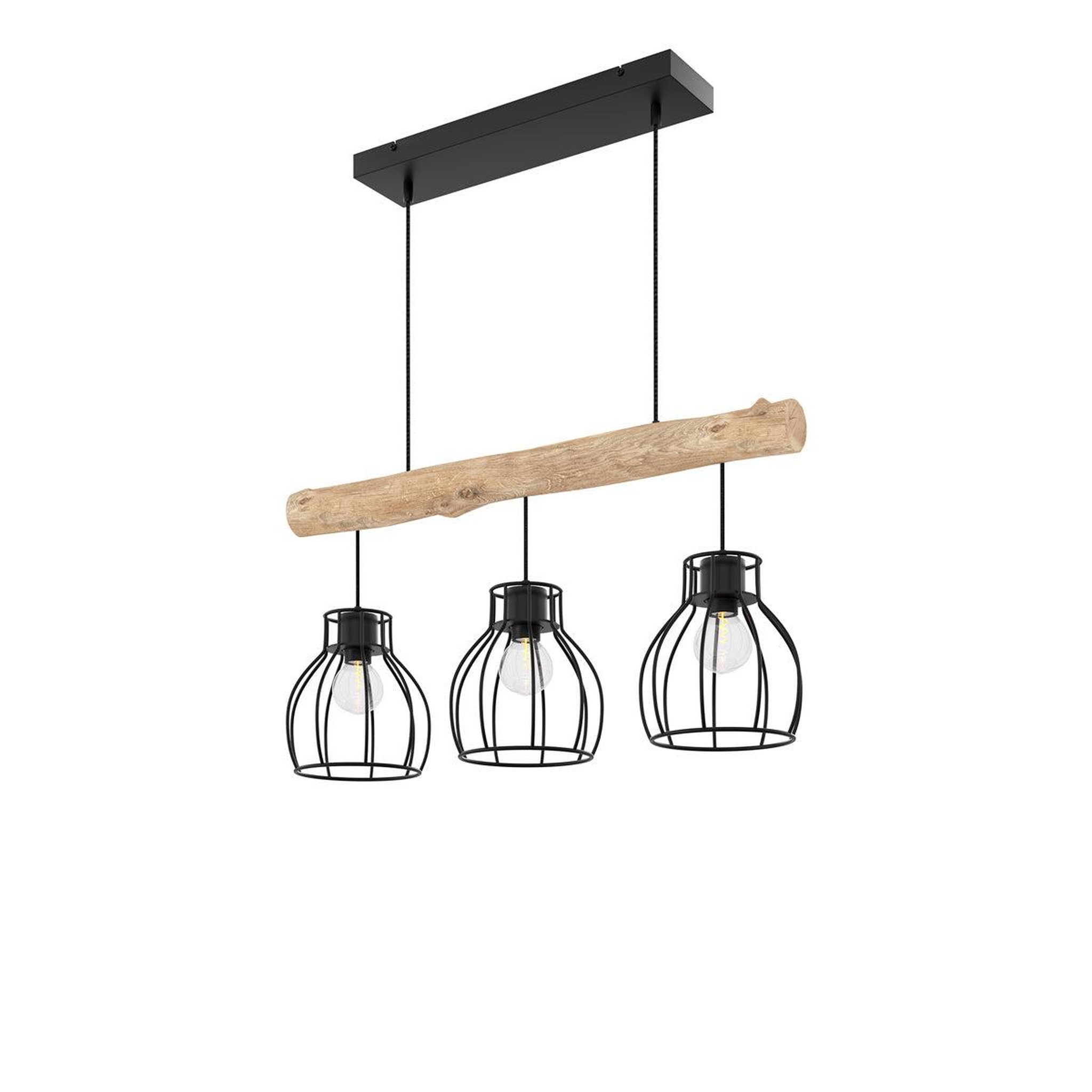 Voir la diapositive 6 : MAISON PAVANE Suspension 3 lampes en bois d'eucalyptus et métal noir-Abby