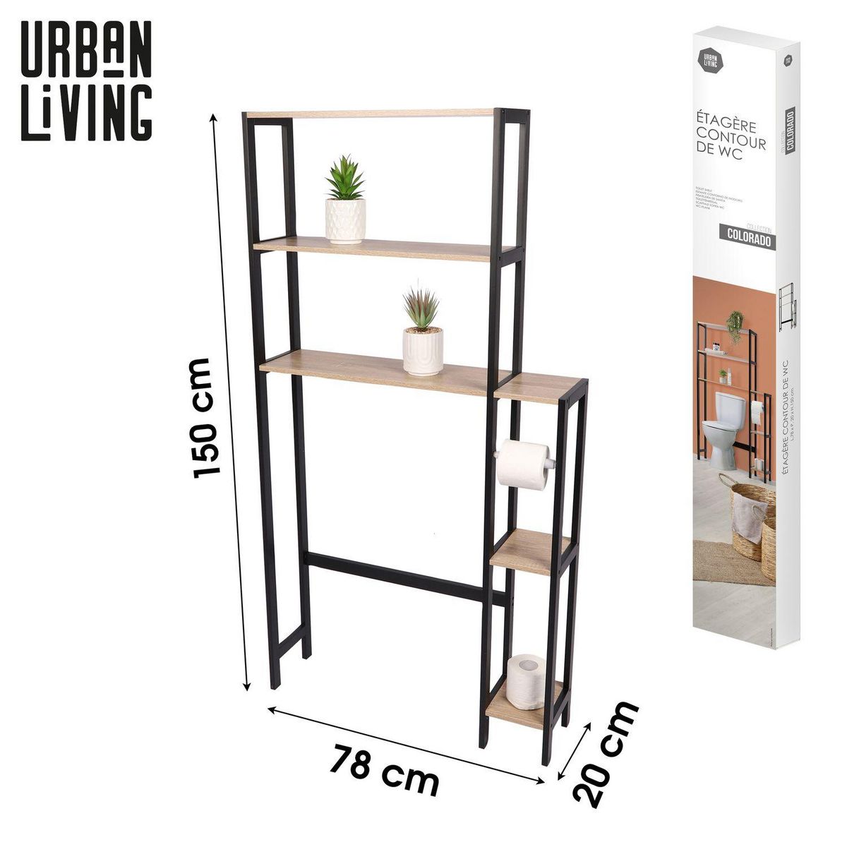 TOILINUX Etagère contour de WC Colorado 5 niveaux en MDF et Métal - Beige et Noir