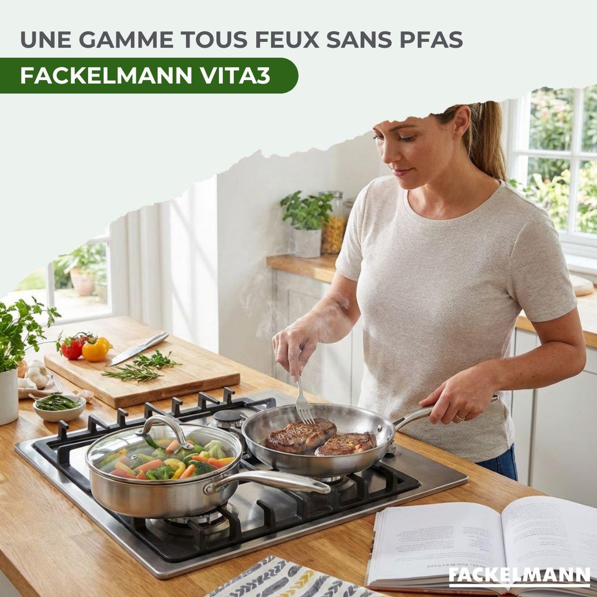 Voir la diapositive 2 : Fackelmann Set de 2 poêles de cuisson 24 cm en inox sans pfas fackelmann vita3
