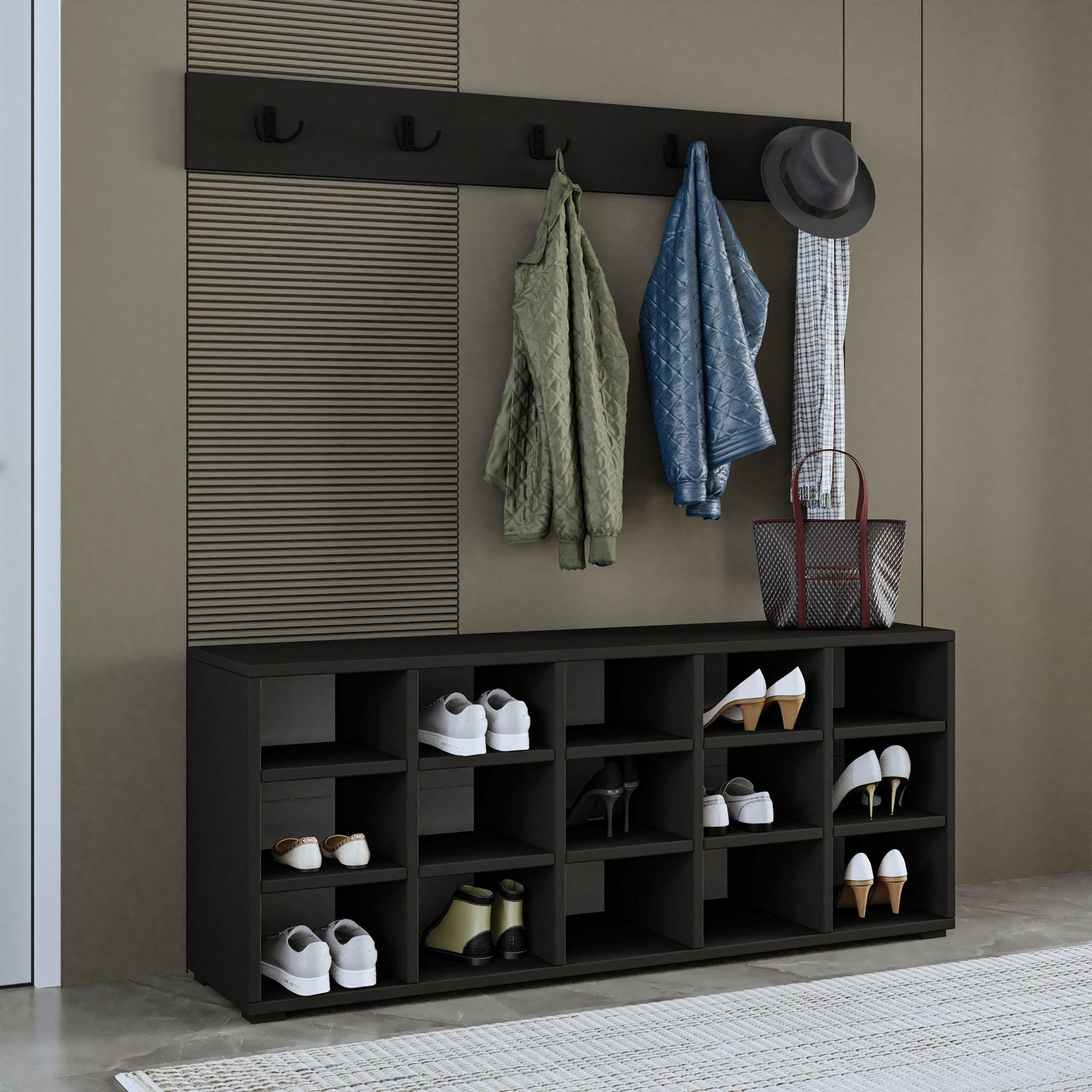Voir la diapositive 4 : Habitat et Jardin Meuble à chaussures avec porte manteau en bois  talu  - 120 x 30 x 52 cm - gris anthracite