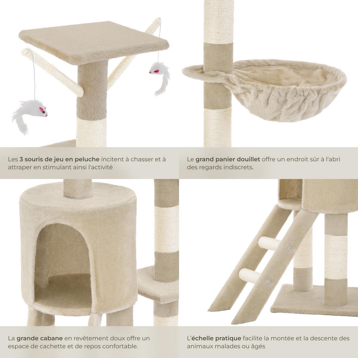 tectake Arbre à chat 144 cm avec griffoir et plateforme d'escalade beige