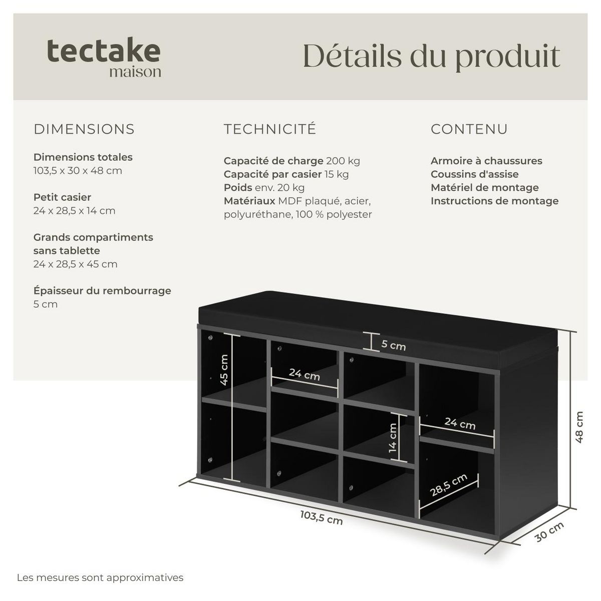 tectake Meuble à chaussures pour 10 paires de chaussures noir