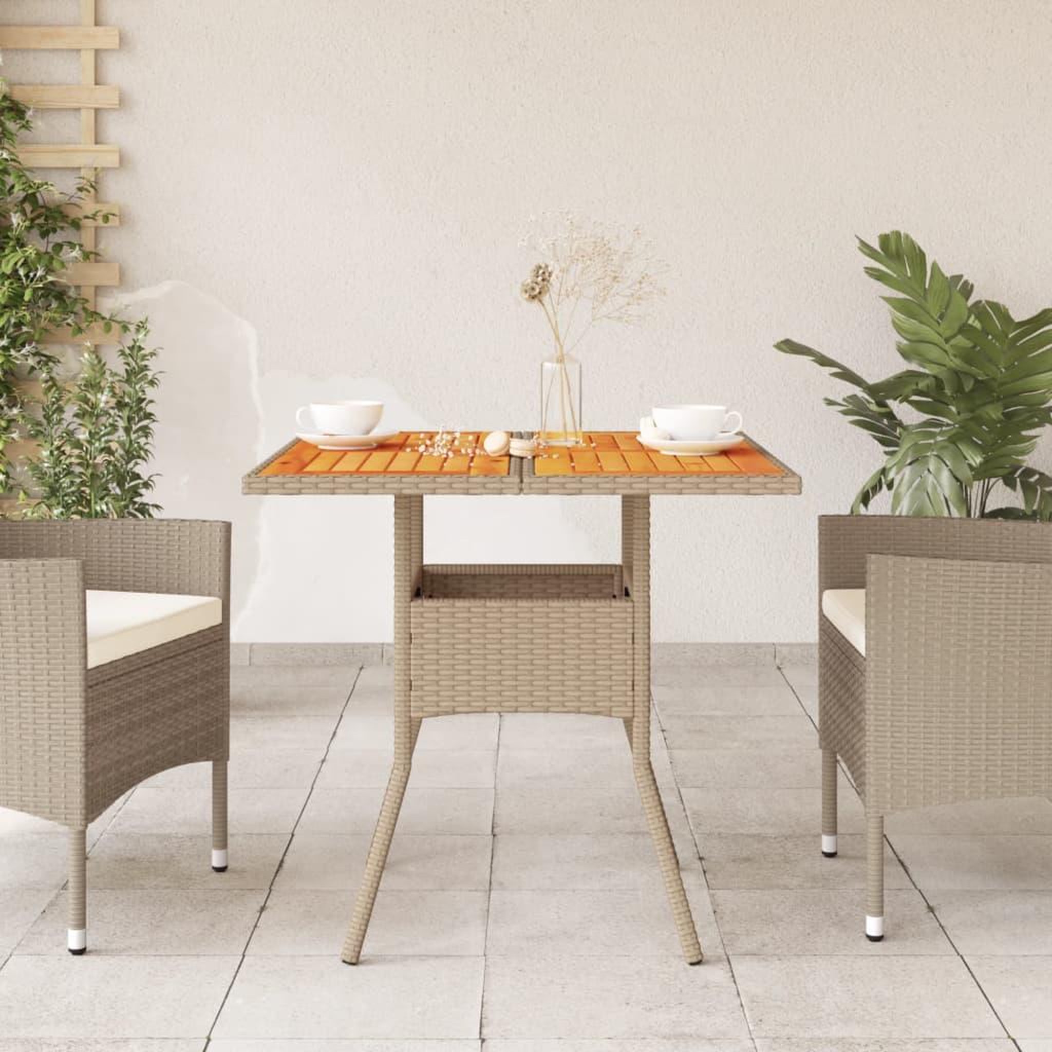 Voir la diapositive 3 : VIDAXL Table de jardin beige 80x80x75 cm resine tressee et bois acacia