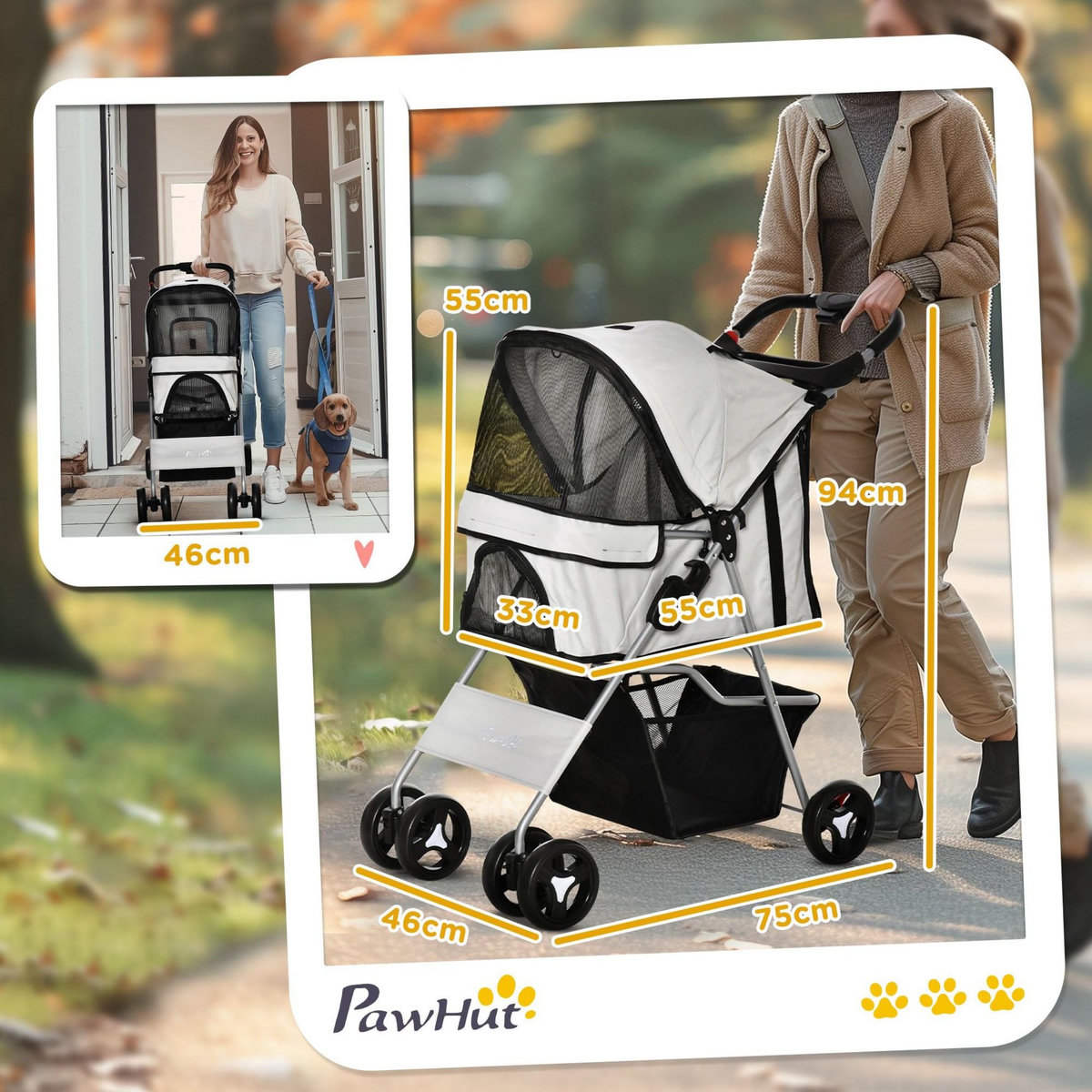 PAWHUT Poussette buggy pour chiens 75L x 46l x 94H cm pliable imperméable tissu 600D Oxford 4 roues gris