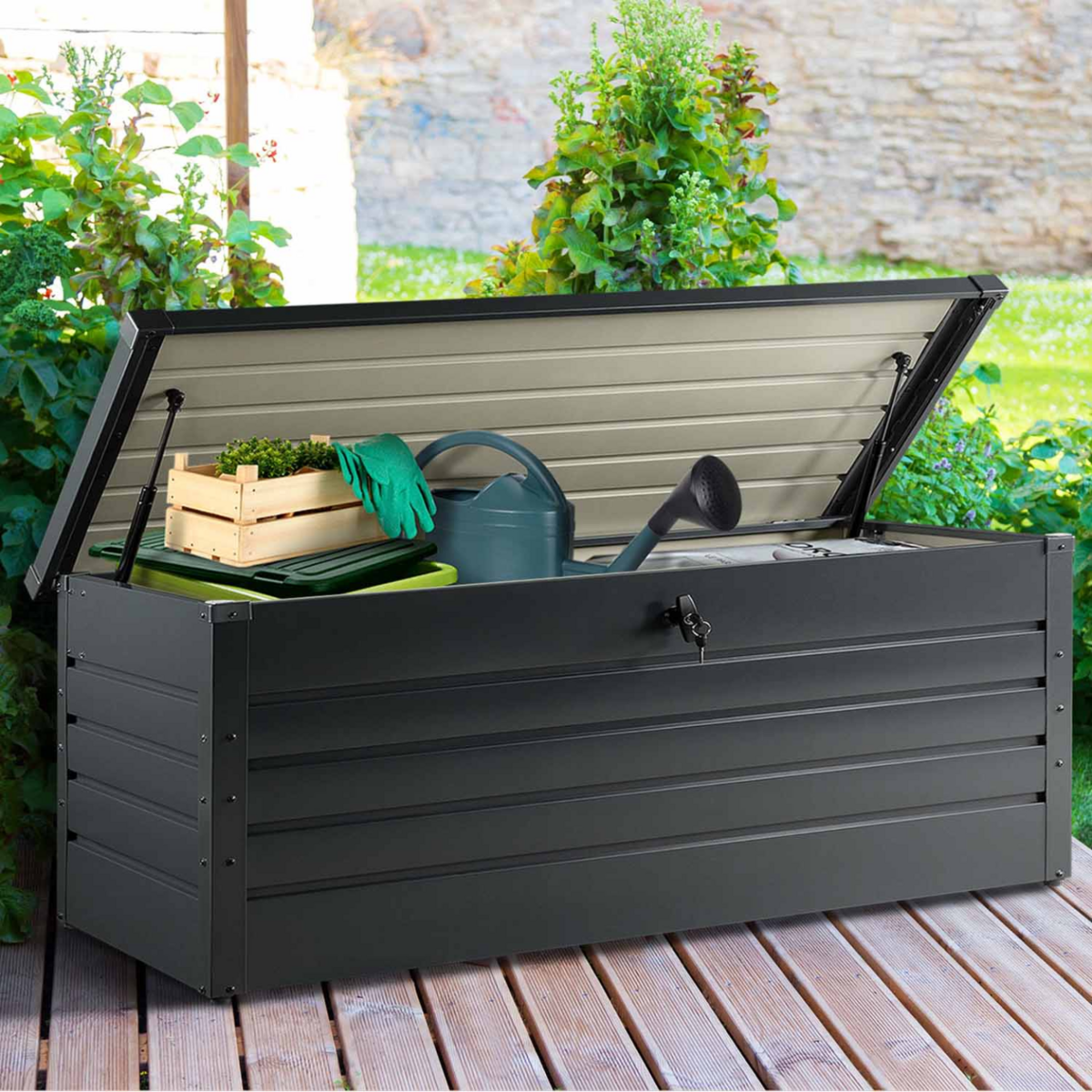 ID MARKET Coffre de rangement métal verrouillable gris anthracite pour jardin 600L 165x70x63 cm