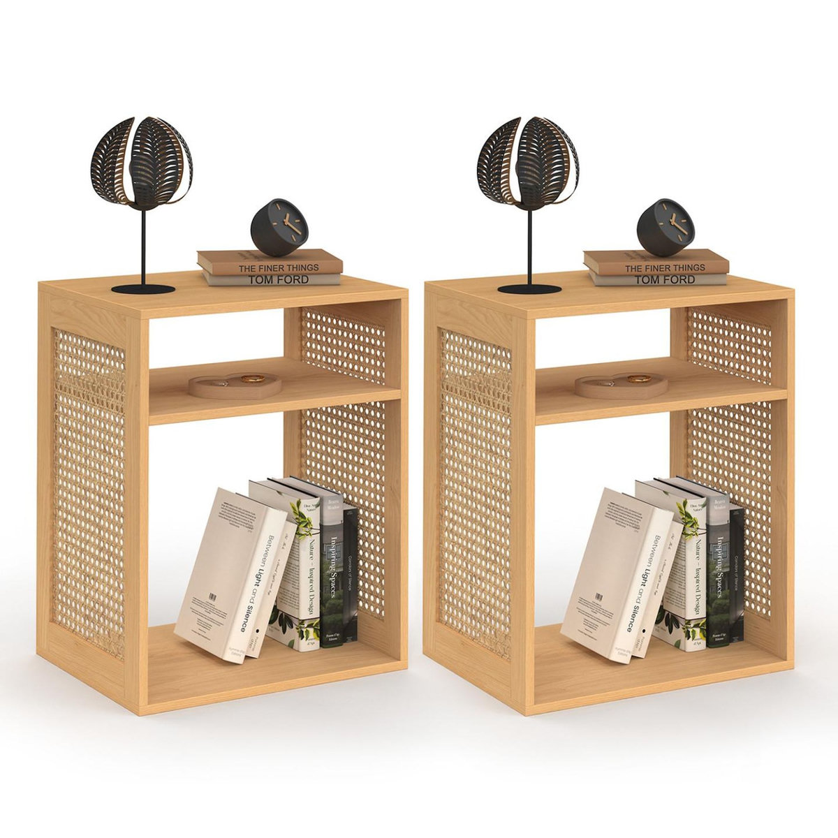 ID MARKET Lot de 2 tables de chevet NORA avec rangements ouverts cannage et bois