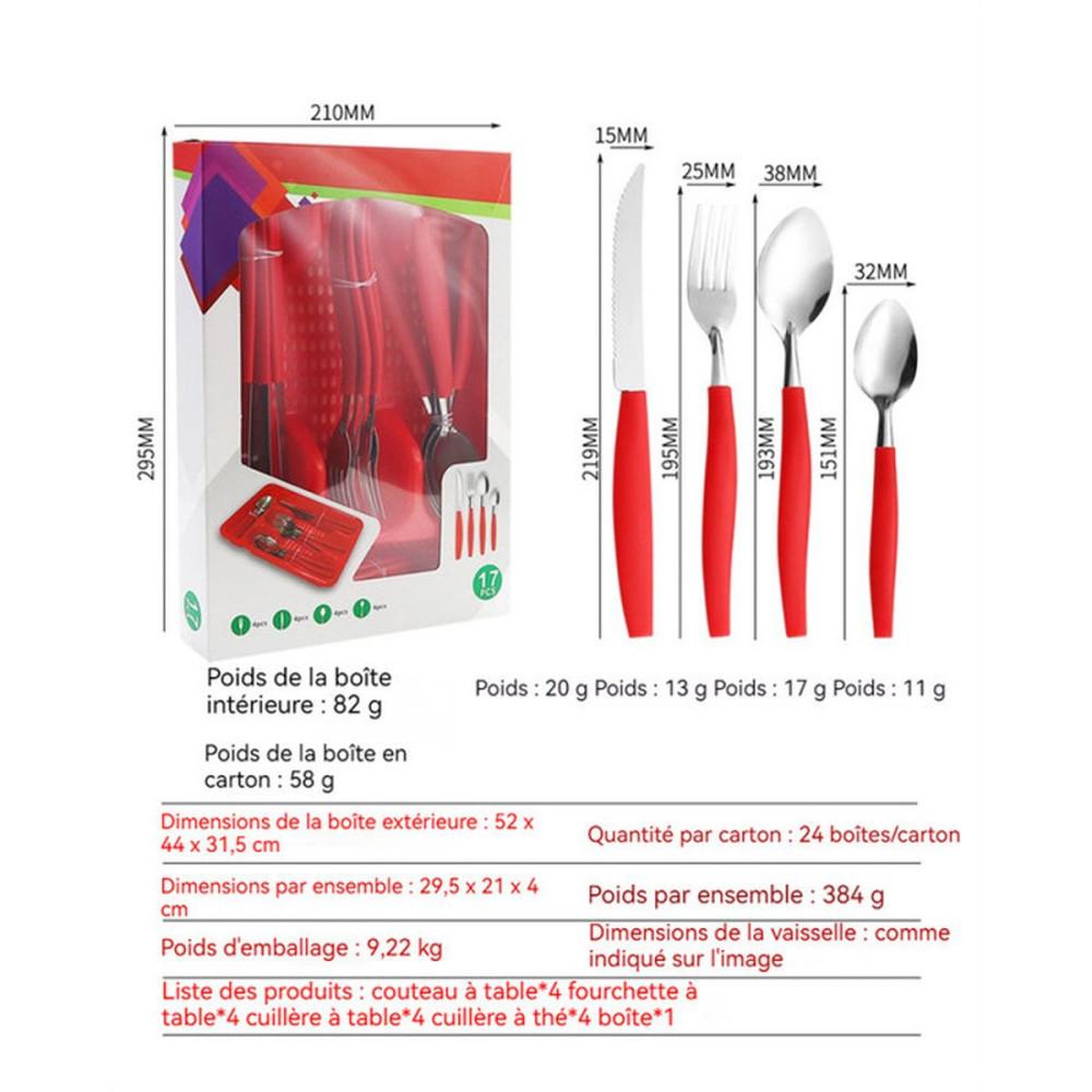 Voir la diapositive 6 : Coffret couverts 17 pièces en acier inoxydable 304 avec manches rouges en ABS SONOOK
