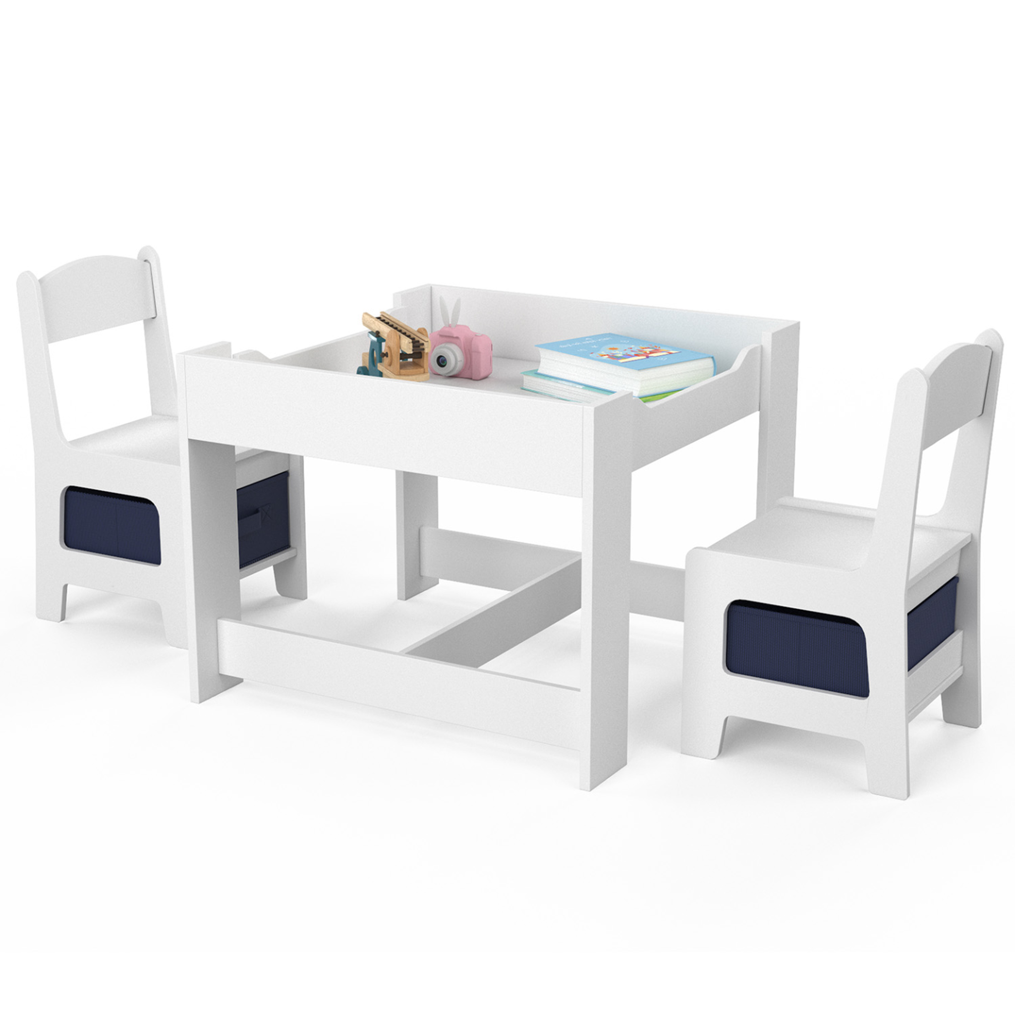 Voir la diapositive 3 : ID MARKET Table à dessin reversible + 2 chaises gabriel blanc avec bacs de rangement