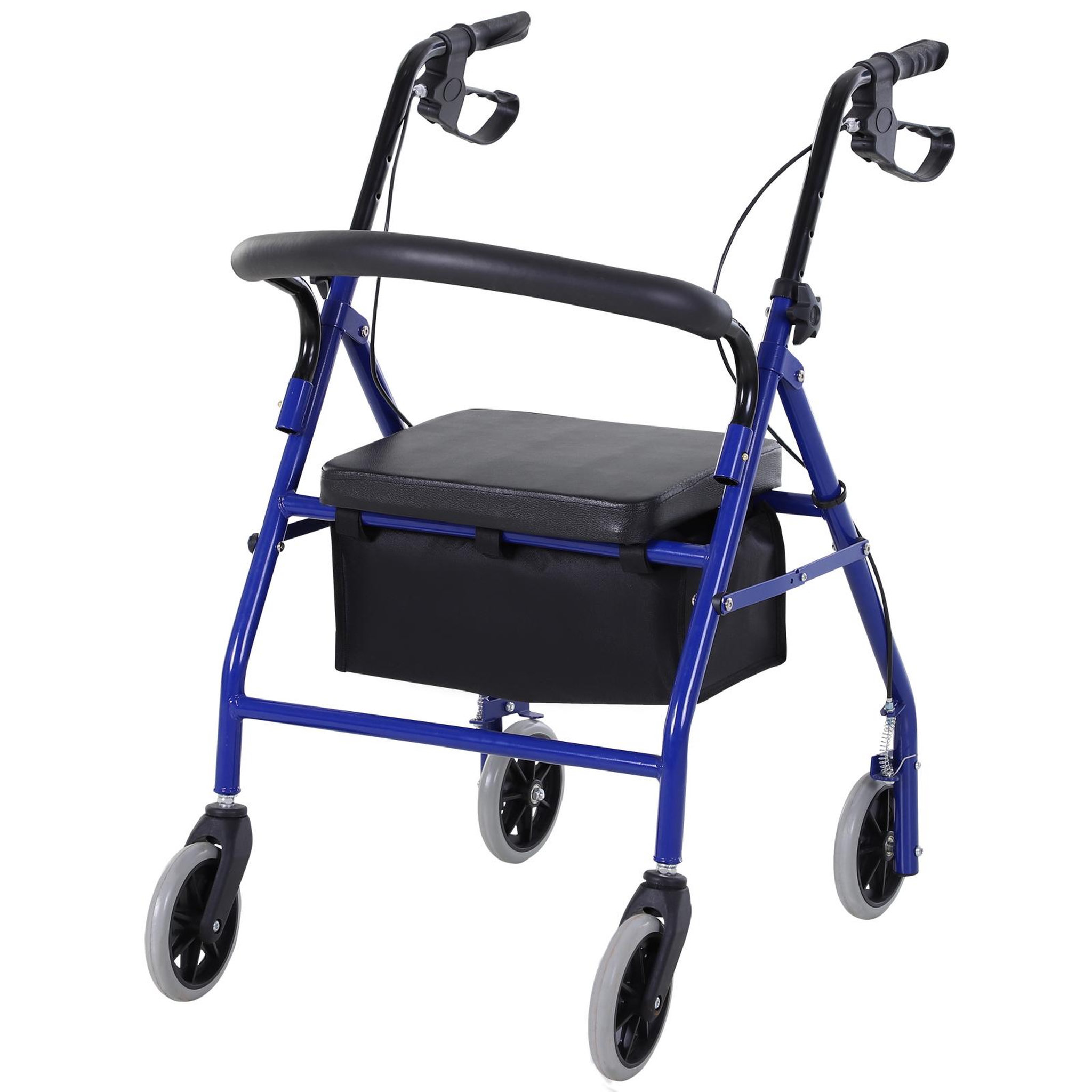 HOMCOM Déambulateur 4 roues - déambulateur pliable léger - assise + dossier rembourré  - poignées ergonomiques, freins à main - panier rangement - métal bleu