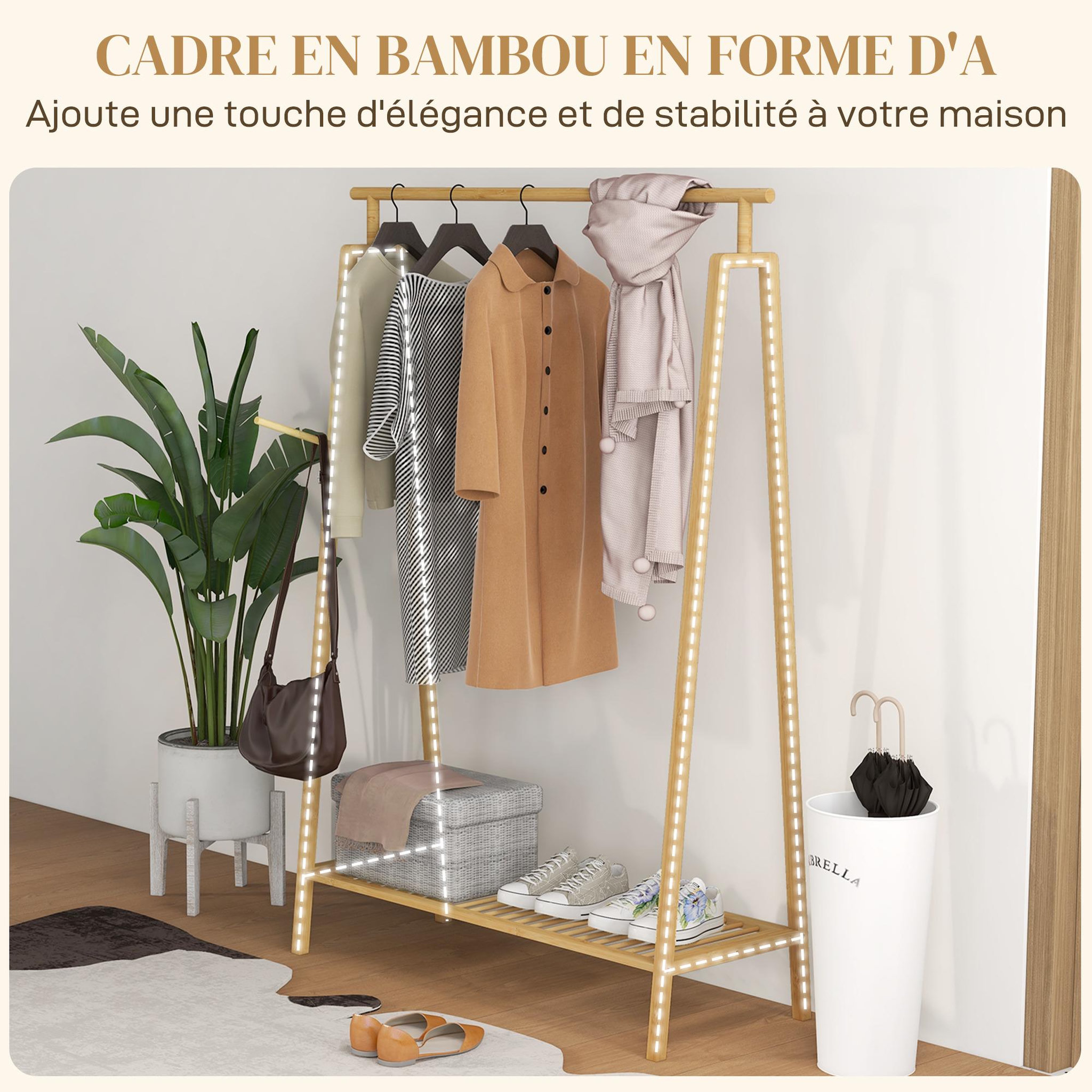 Voir la diapositive 6 : HOMCOM Portant pour vêtement en bambou - penderie avec étagère à chaussures