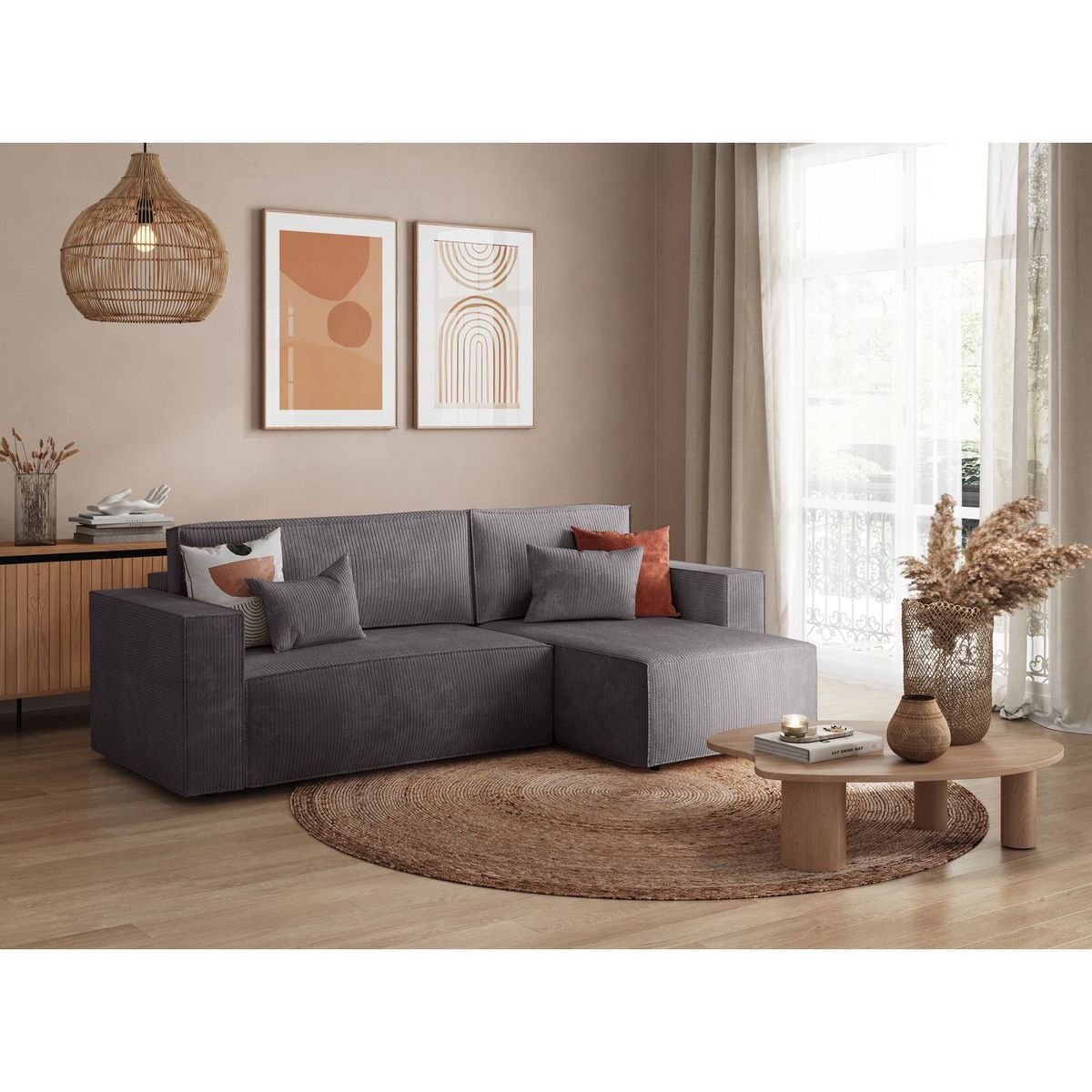 Canapé d'angle convertible réversible 3 places velours côtelé DAPHNE