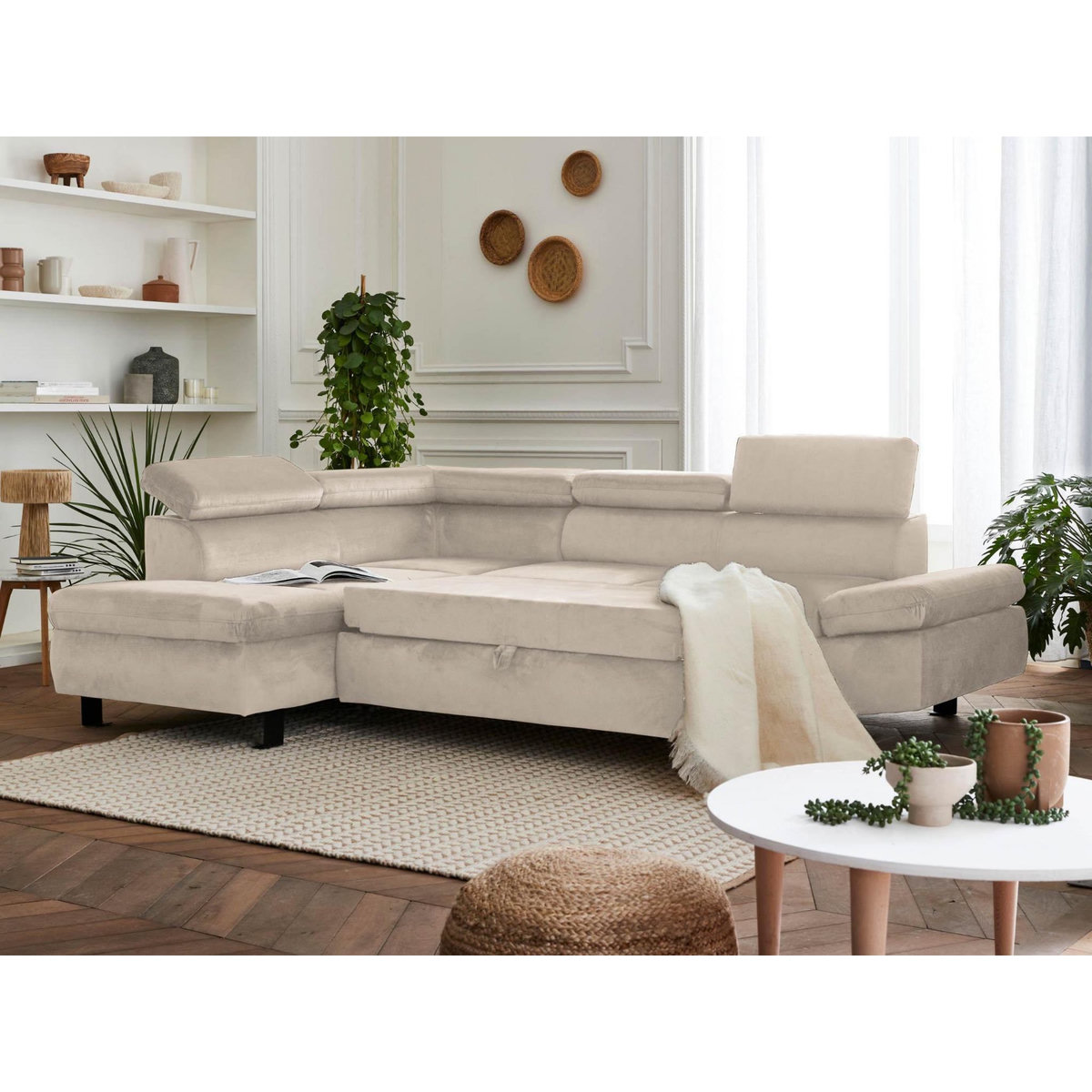 LISA DESIGN Nairobi - canapé d'angle convertible - en velours - 5 places - avec têtières - gauche