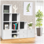 Voir la diapositive 2 : ID MARKET Meuble de rangement en escalier LIAM 4 niveaux bois blanc + porte/tiroirs blancs fond gris