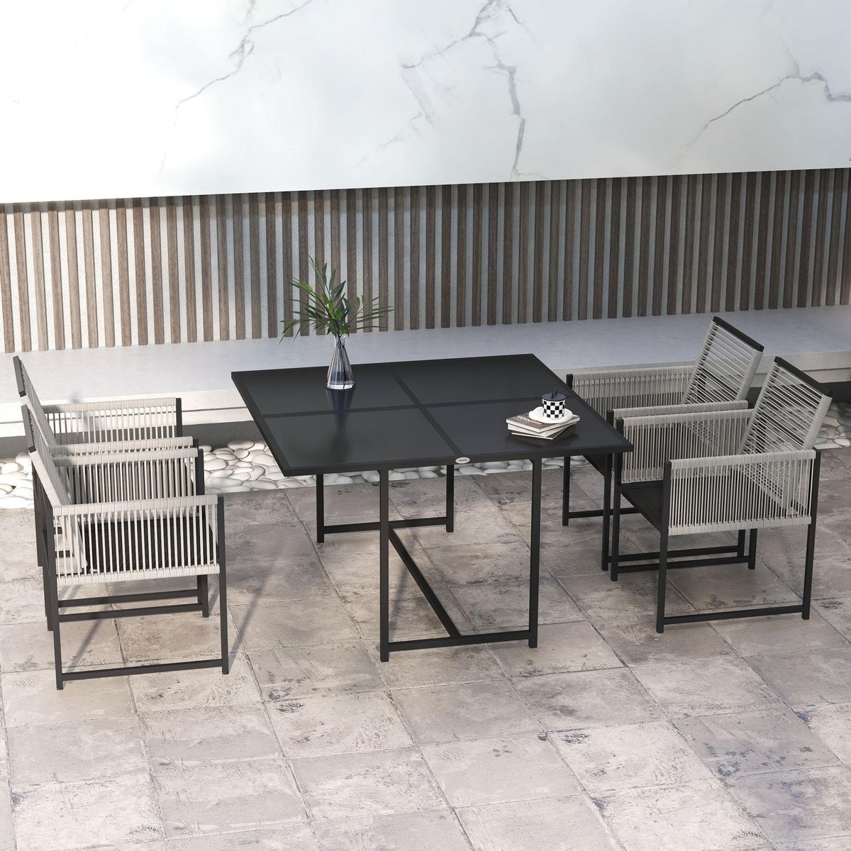 OUTSUNNY Ensemble salon de jardin design Acapulco encastrable 4 places 5 pièces noir gris