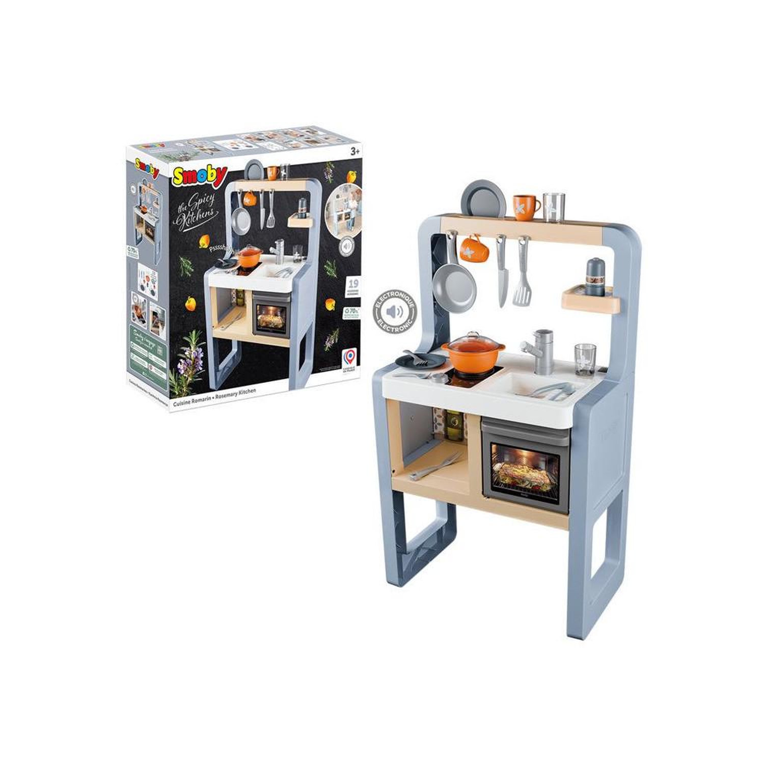 Cuisine d'imitation pour enfants avec évier, four et plaque électronique “cric crac”, 19 accessoires, établi 51 cm, teinte bleu clair et blanc