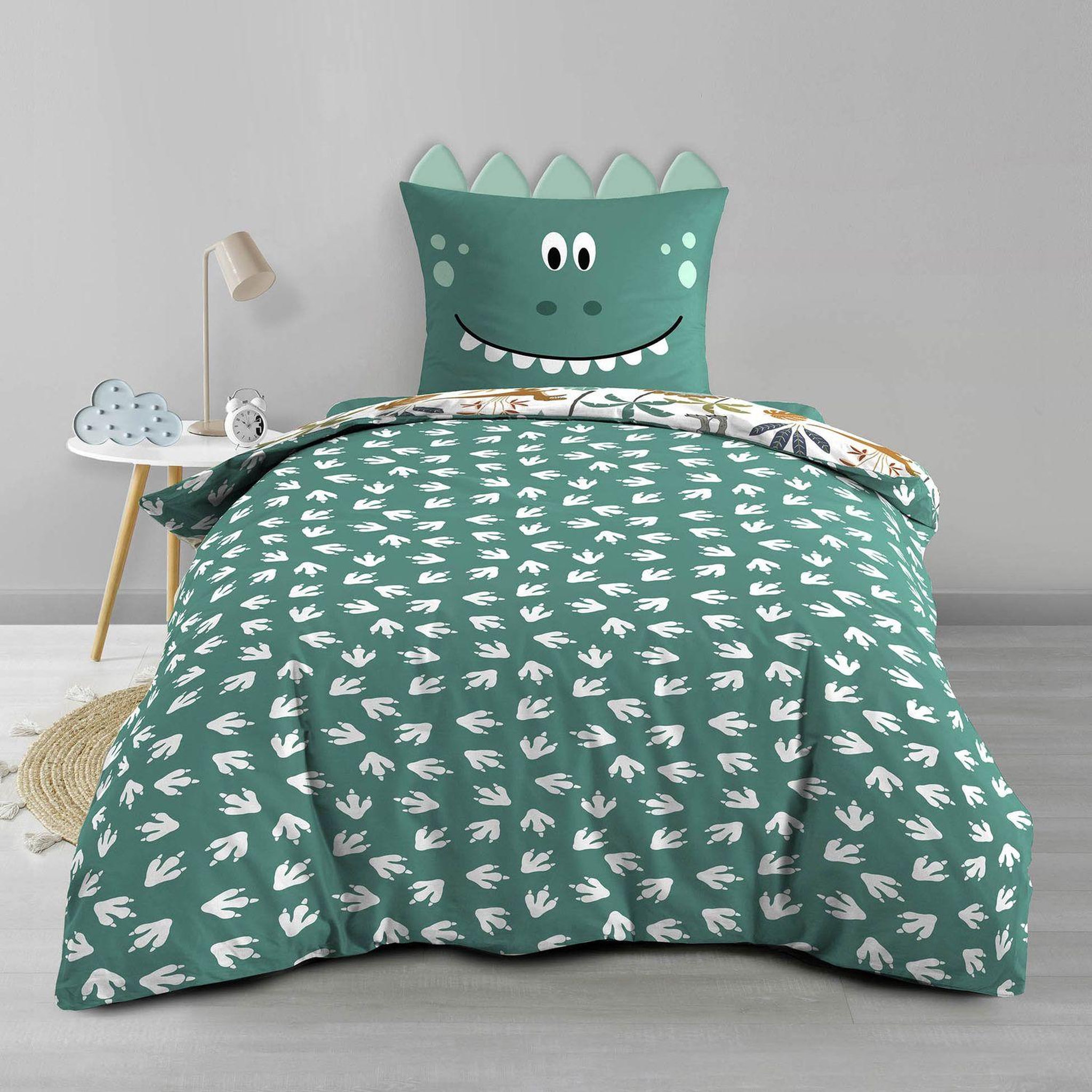 Voir la diapositive 3 : Douceur d'Intérieur Parure de lit enfant réversible DINO - Coton 42 fils/cm² - 140 x 200 cm - Vert