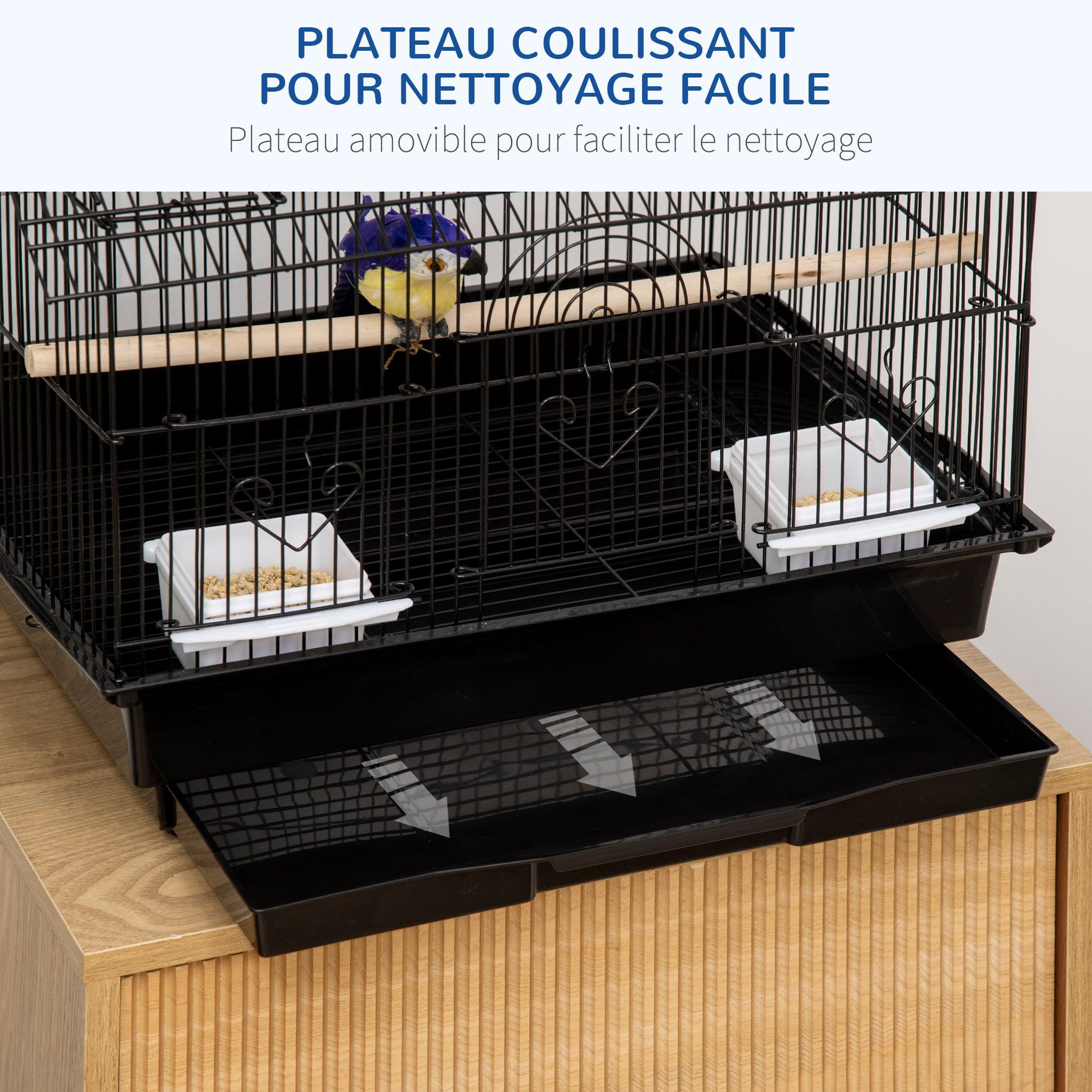 Voir la diapositive 5 : PAWHUT Cage à oiseaux design maison perchoirs mangeoires balançoire 3 portes plateau excrément amovible + poignée transport métal noir