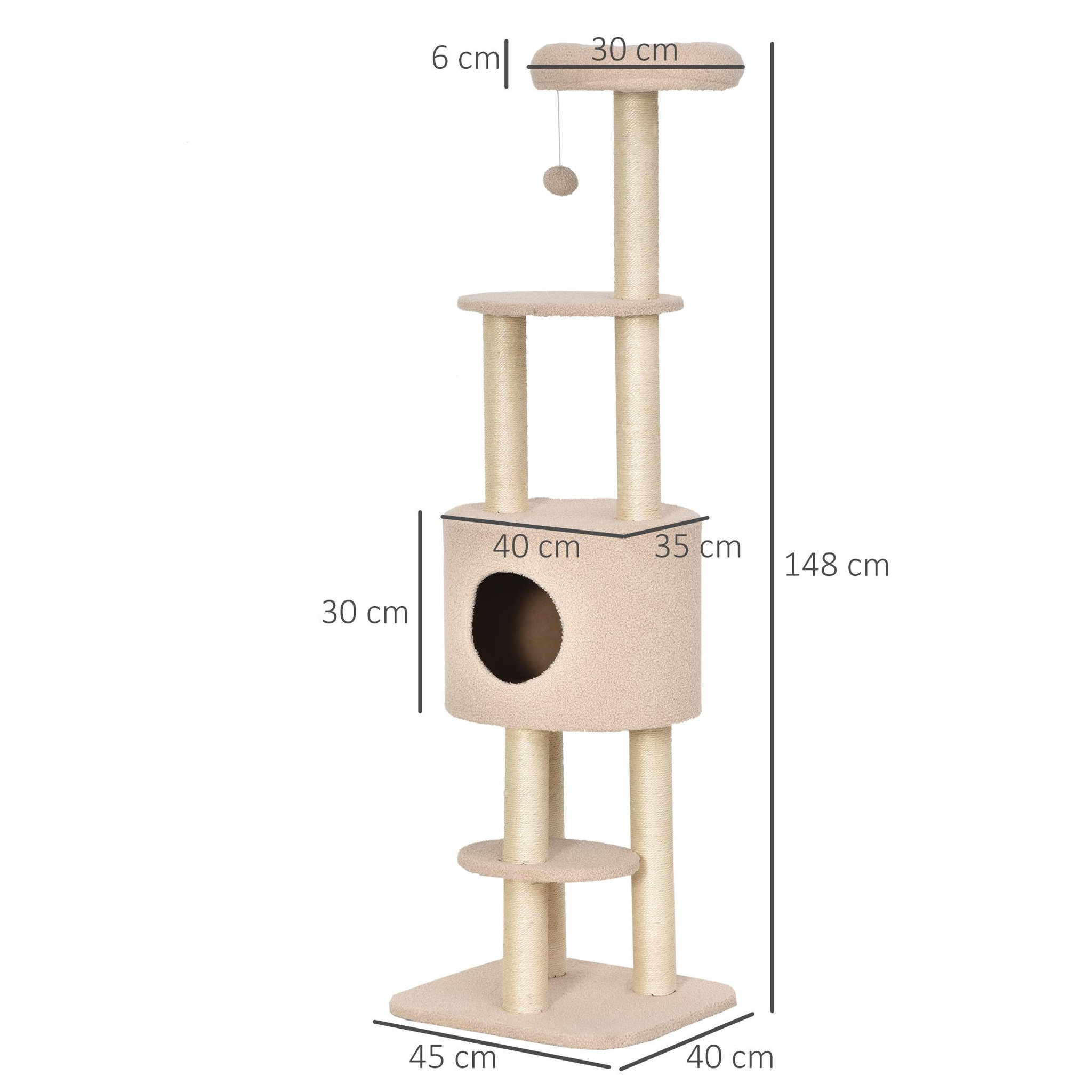 Voir la diapositive 3 : PAWHUT Pawhut arbre à chats avec griffoir niche poteaux peluche haute densité 45l x 40l x 148h cm beige